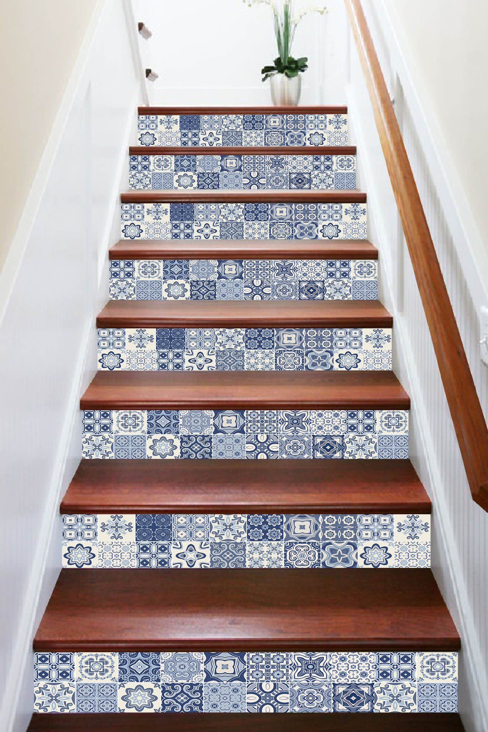 3D Blue Handmade Mosaic 088633 Marble Tile Texture Stair Risers Wallpaper AJ Wallpaper 