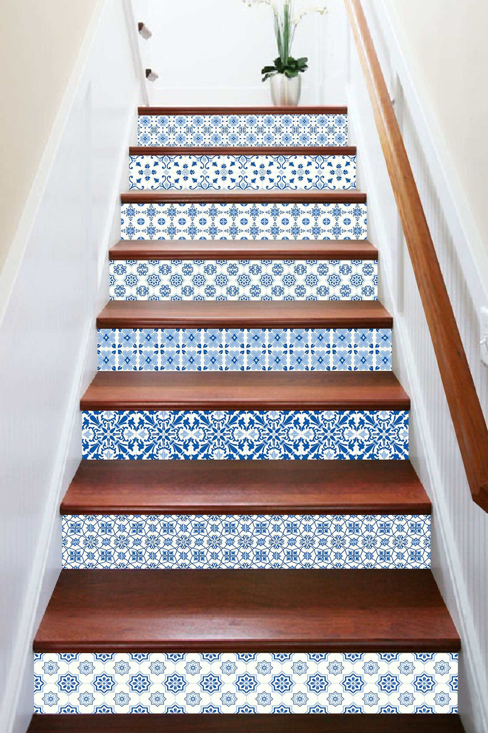 3D Blue Flower Pattern 1691 Stair Risers Wallpaper AJ Wallpaper 