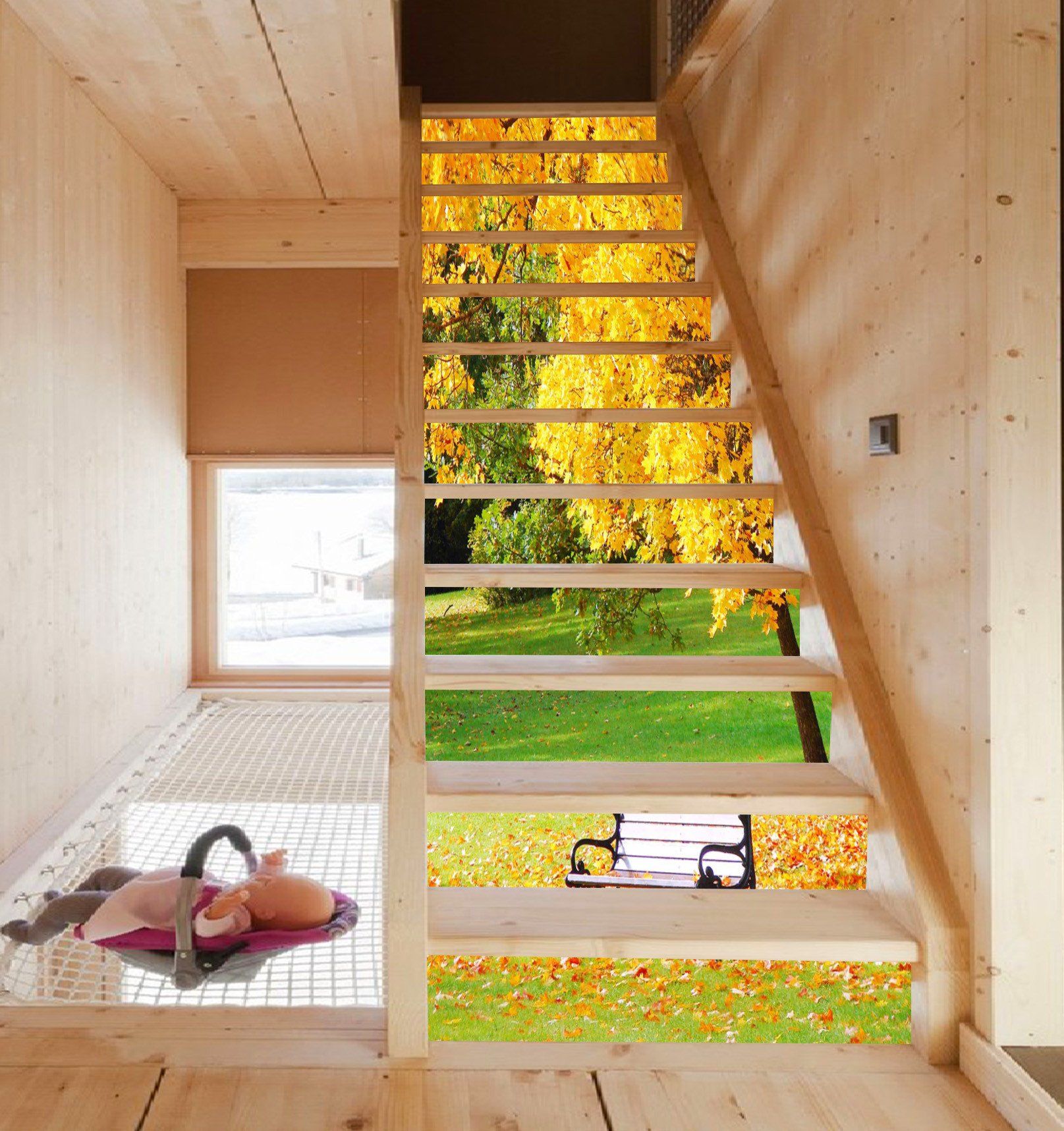 3D Yellow Tree Bench 707 Stair Risers Wallpaper AJ Wallpaper 