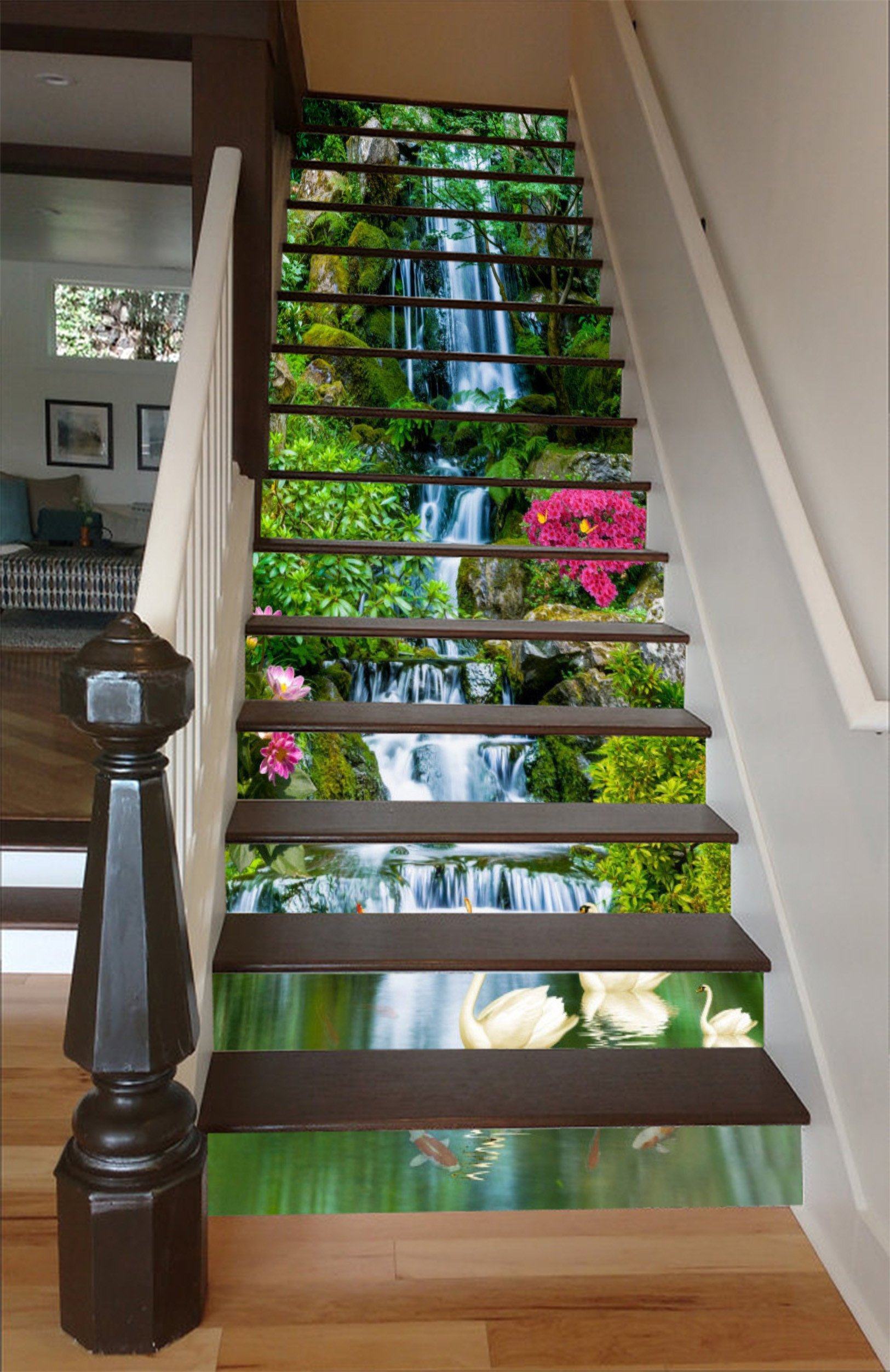 3D Creek Swans 1530 Stair Risers Wallpaper AJ Wallpaper 