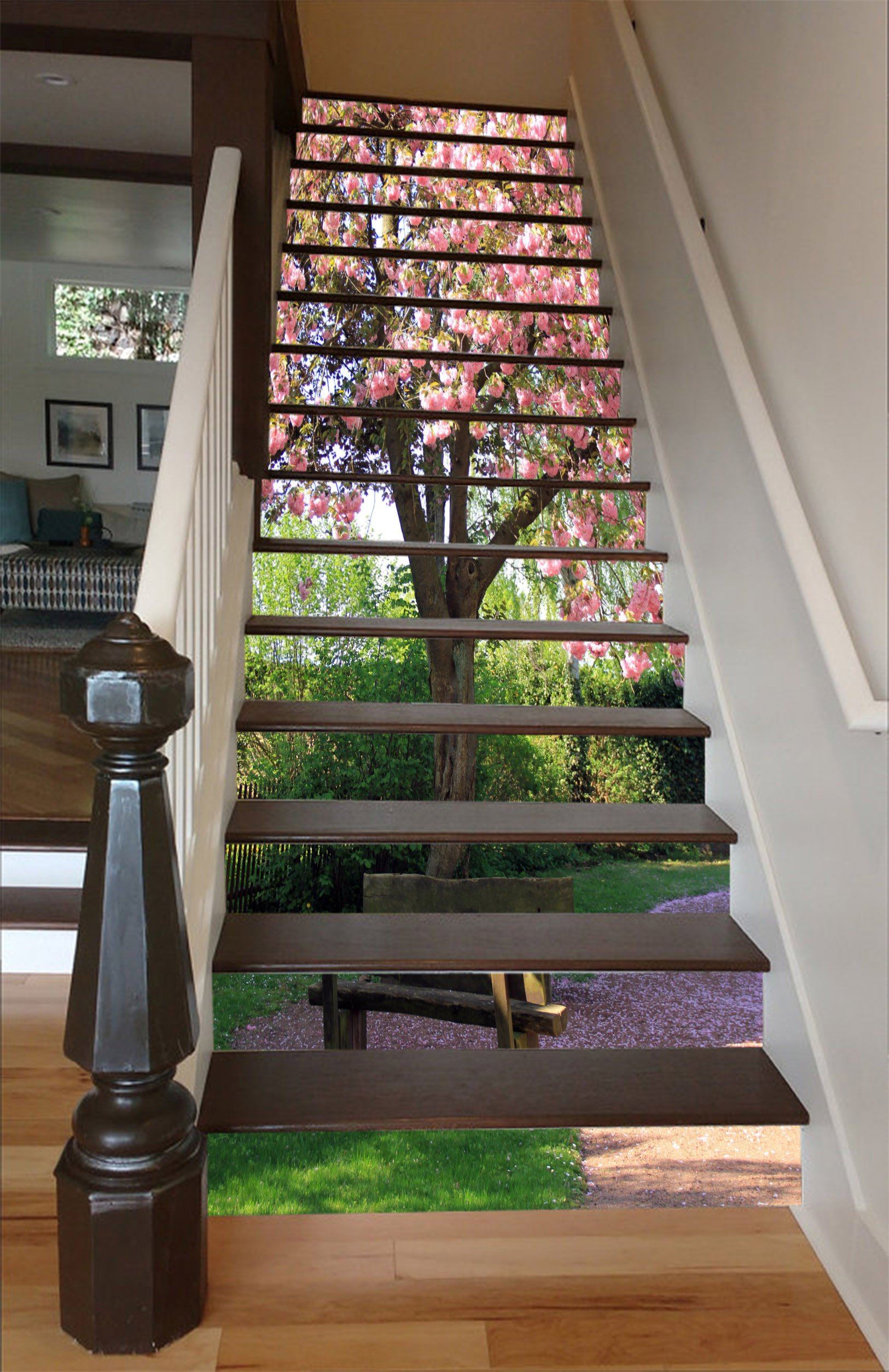 3D Flowers Tree Wood Bench 1534 Stair Risers Wallpaper AJ Wallpaper 