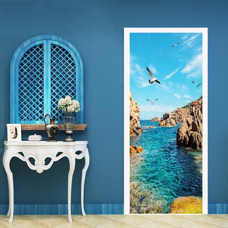 3D water and seagulls sea door mural Wallpaper AJ Wallpaper 