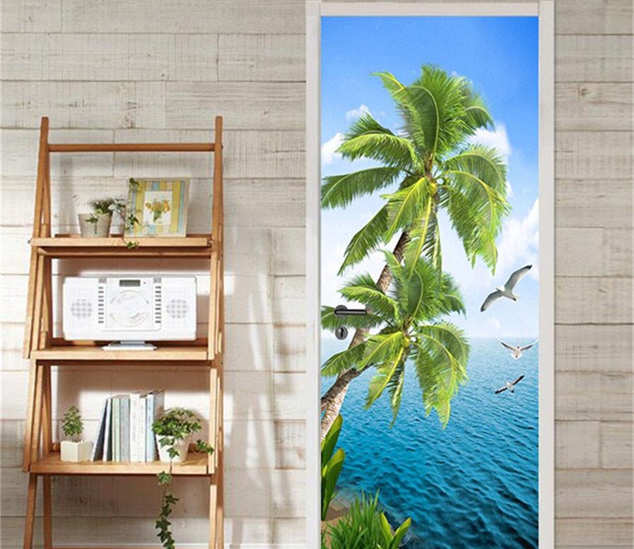 3D palm trees by the sea door mural Wallpaper AJ Wallpaper 