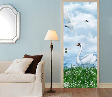 3D swan the blue sky and white clouds door mural Wallpaper AJ Wallpaper 