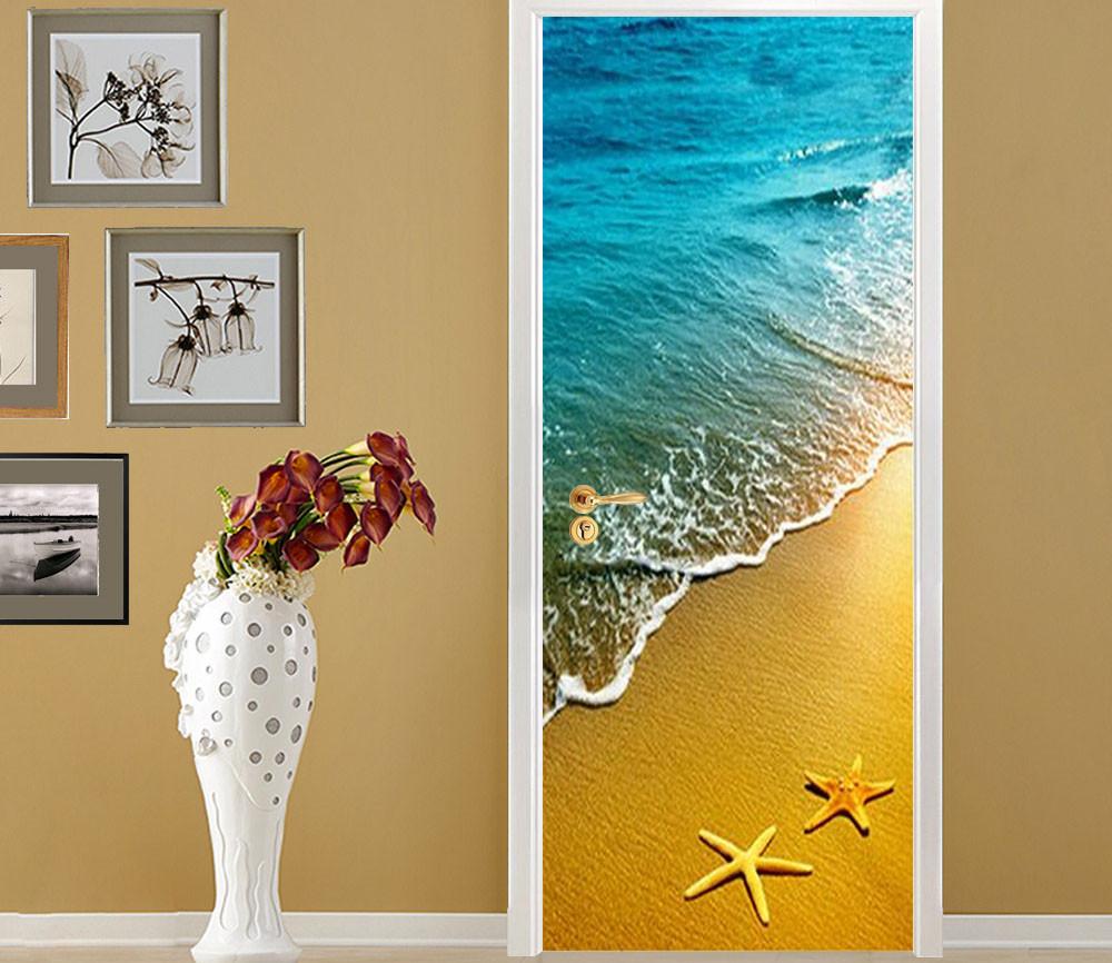 3D beach and blue waves door mural Wallpaper AJ Wallpaper 