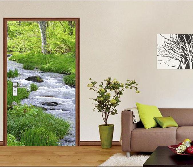 3D green grass river door mural Wallpaper AJ Wallpaper 