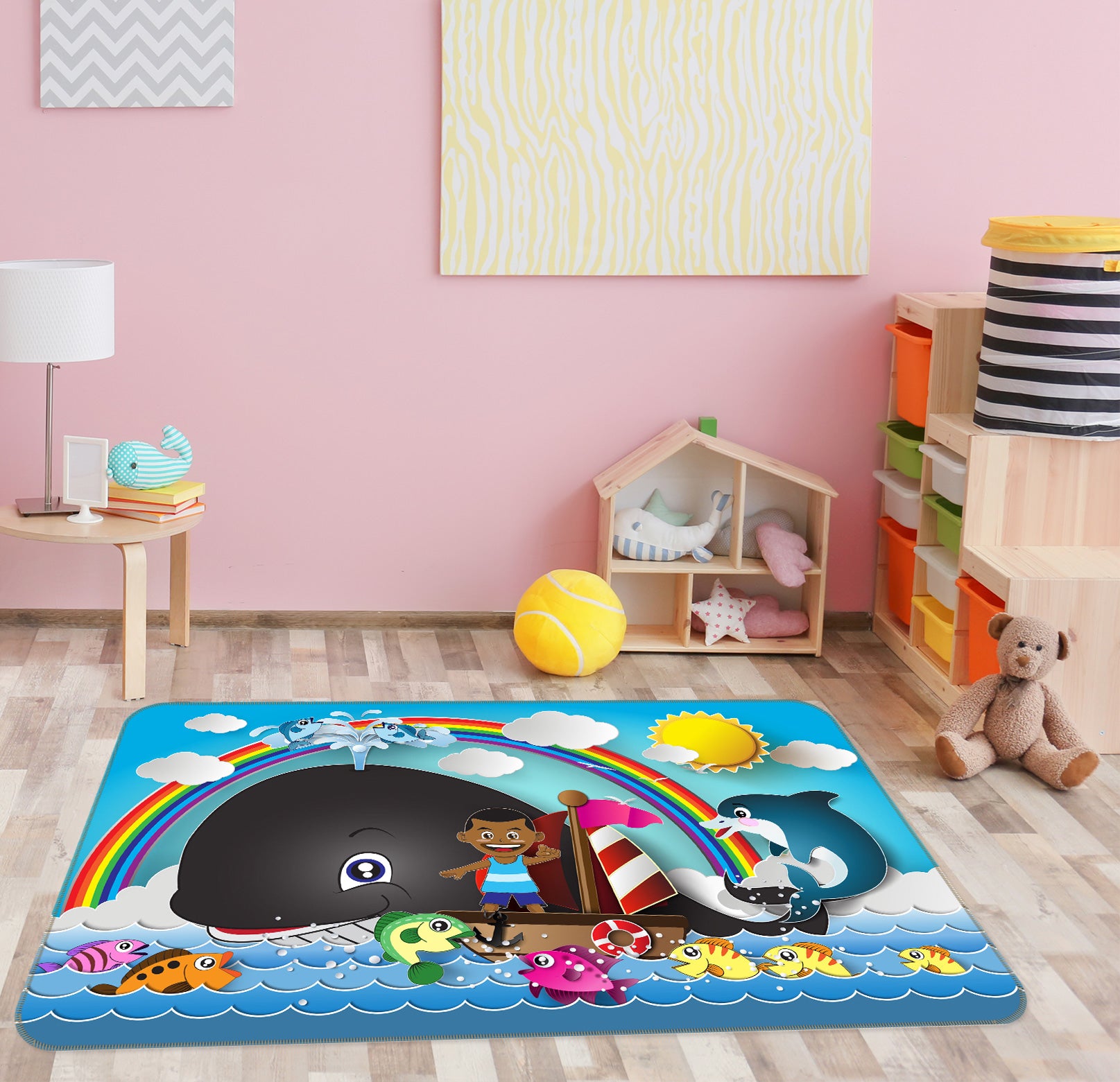 3D Cartoon Rainbow Whale 76283 Non Slip Rug Mat