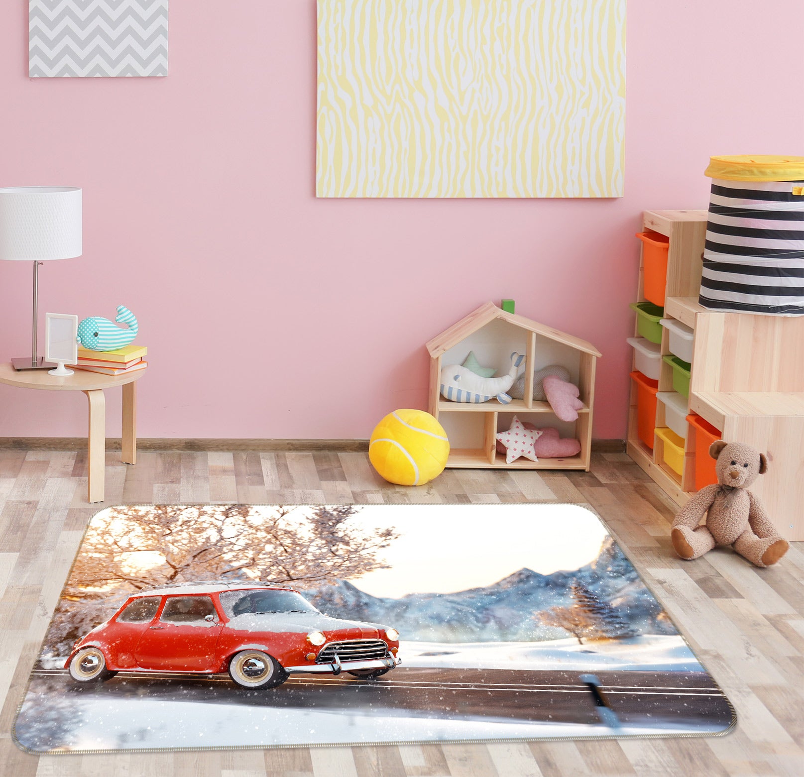 3D Snow Mountain Red Car 68001 Vehicle Non Slip Rug Mat