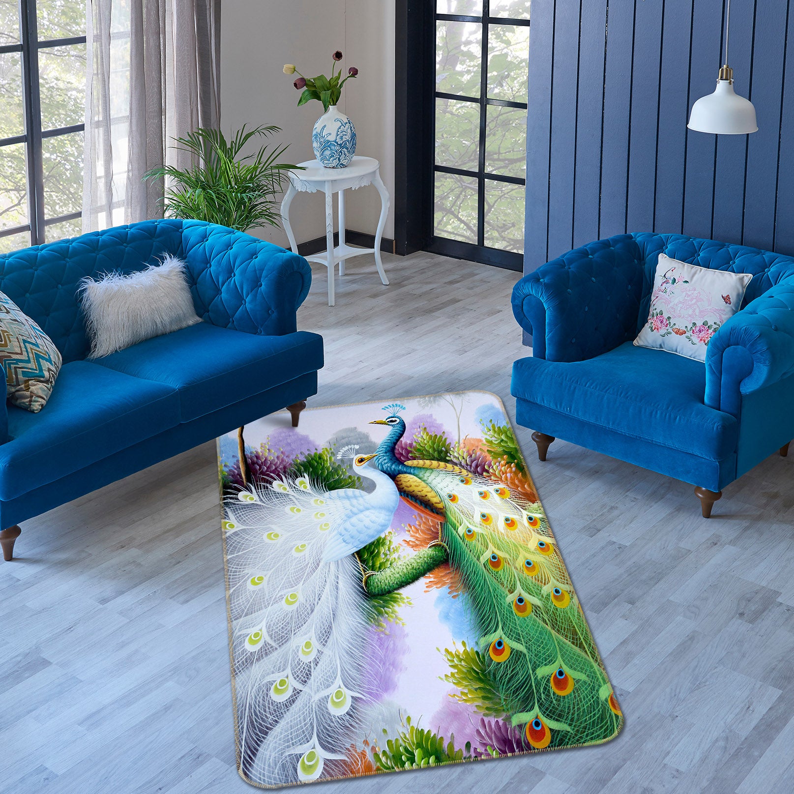 3D White Green Peacock 65168 Non Slip Rug Mat