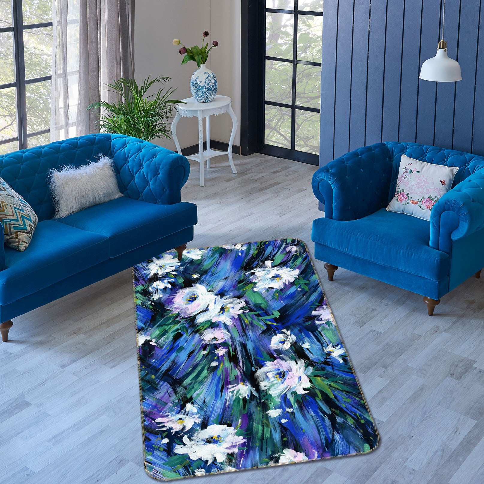3D Blue Flowers 26191 Non Slip Rug Mat