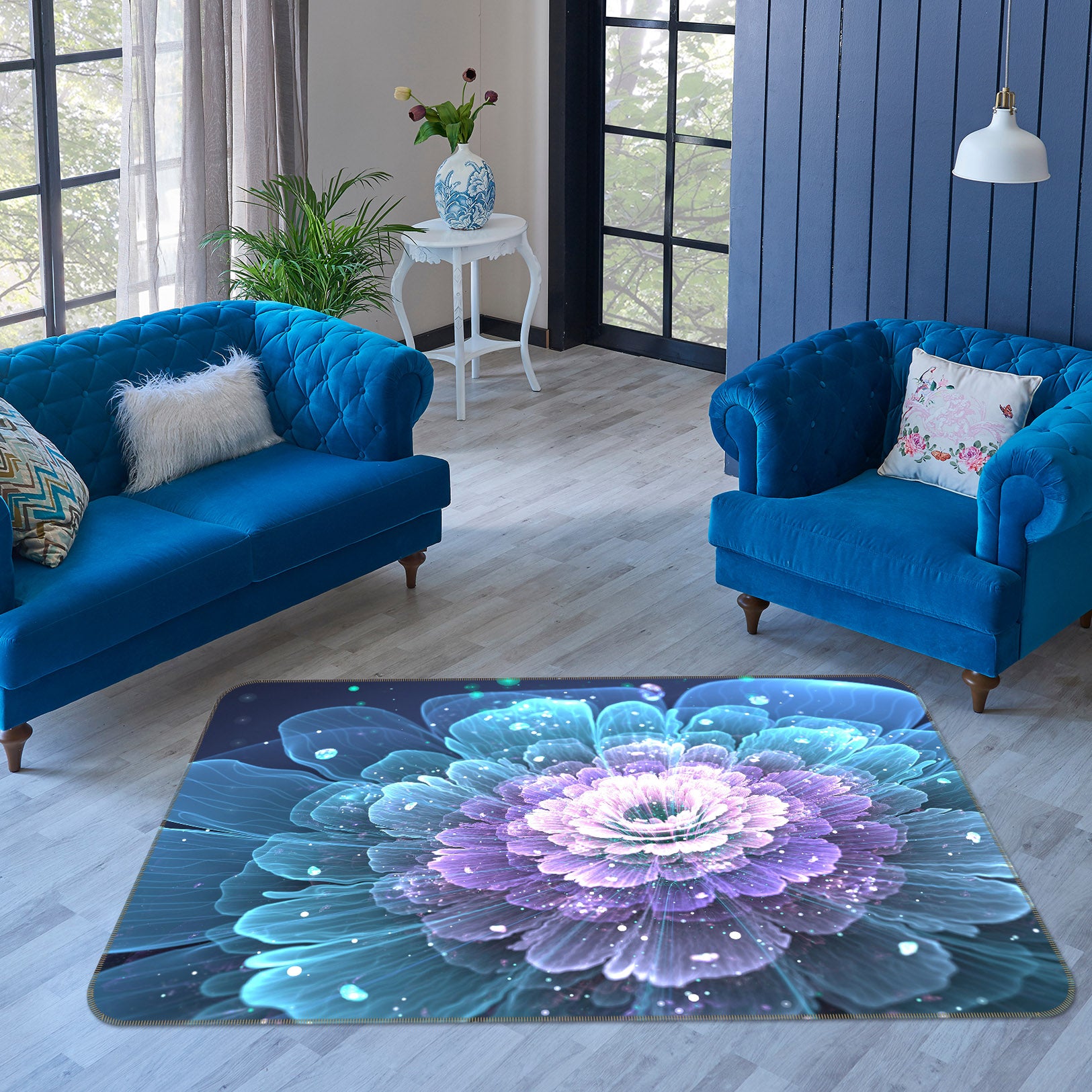 3D Blue Purple Flowers 65081 Non Slip Rug Mat