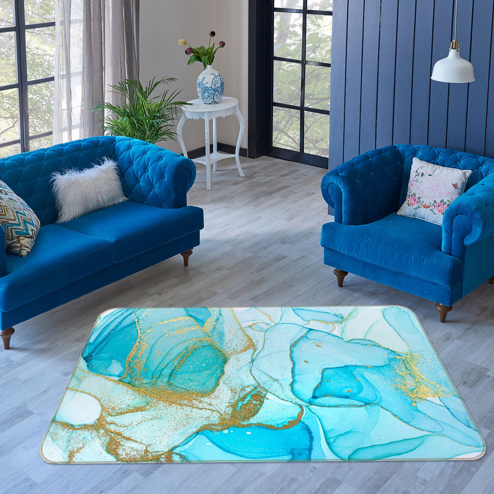 3D Light Blue Pattern 29158 Non Slip Rug Mat