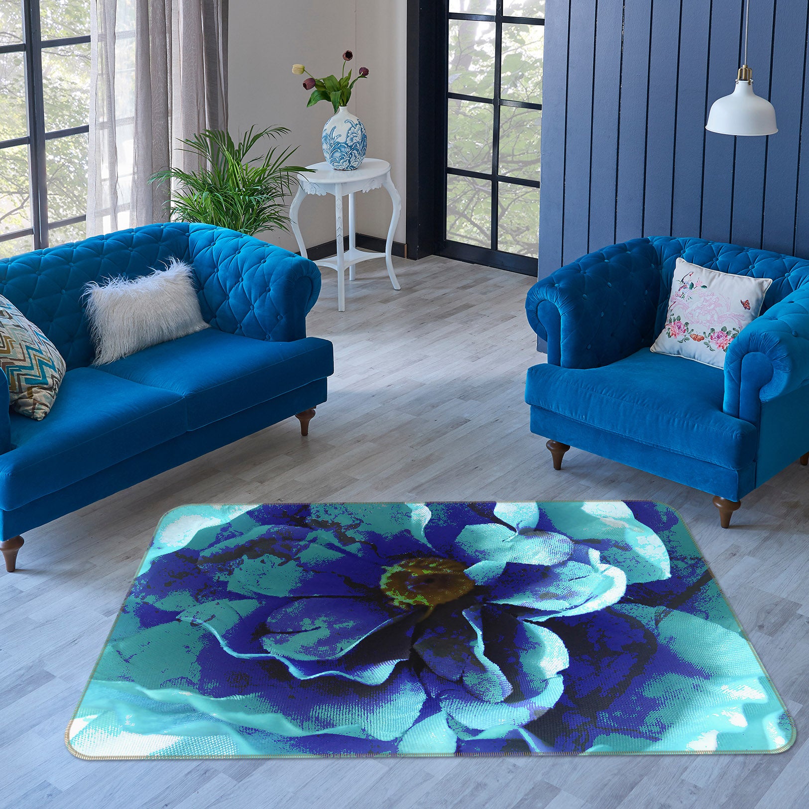 3D Blue Flower 70054 Shandra Smith Rug Non Slip Rug Mat