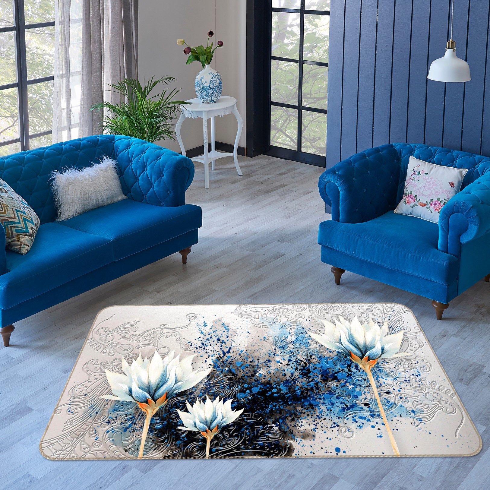 3D Blue White Flowers 65135 Non Slip Rug Mat