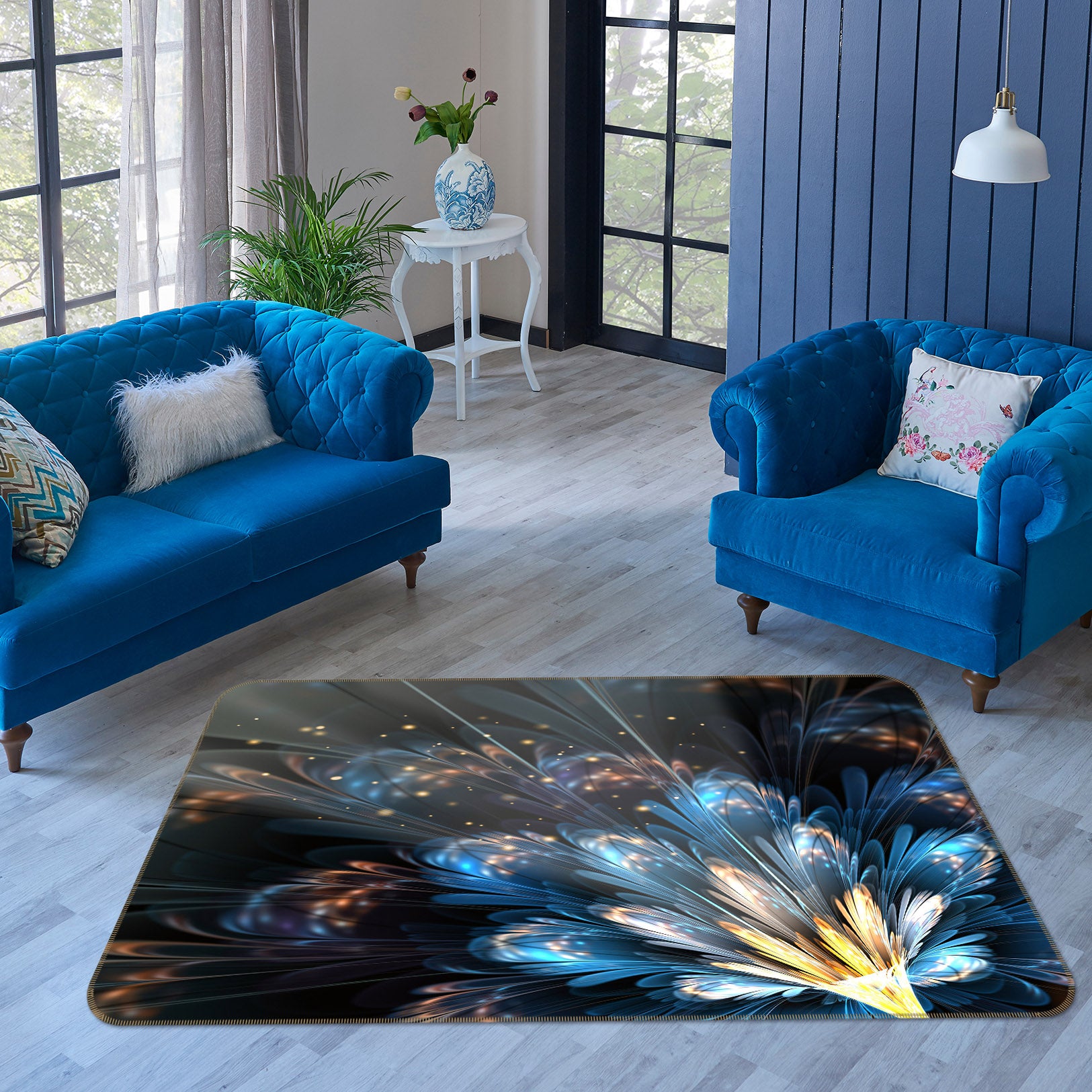 3D Blue Light Flowers 65091 Non Slip Rug Mat