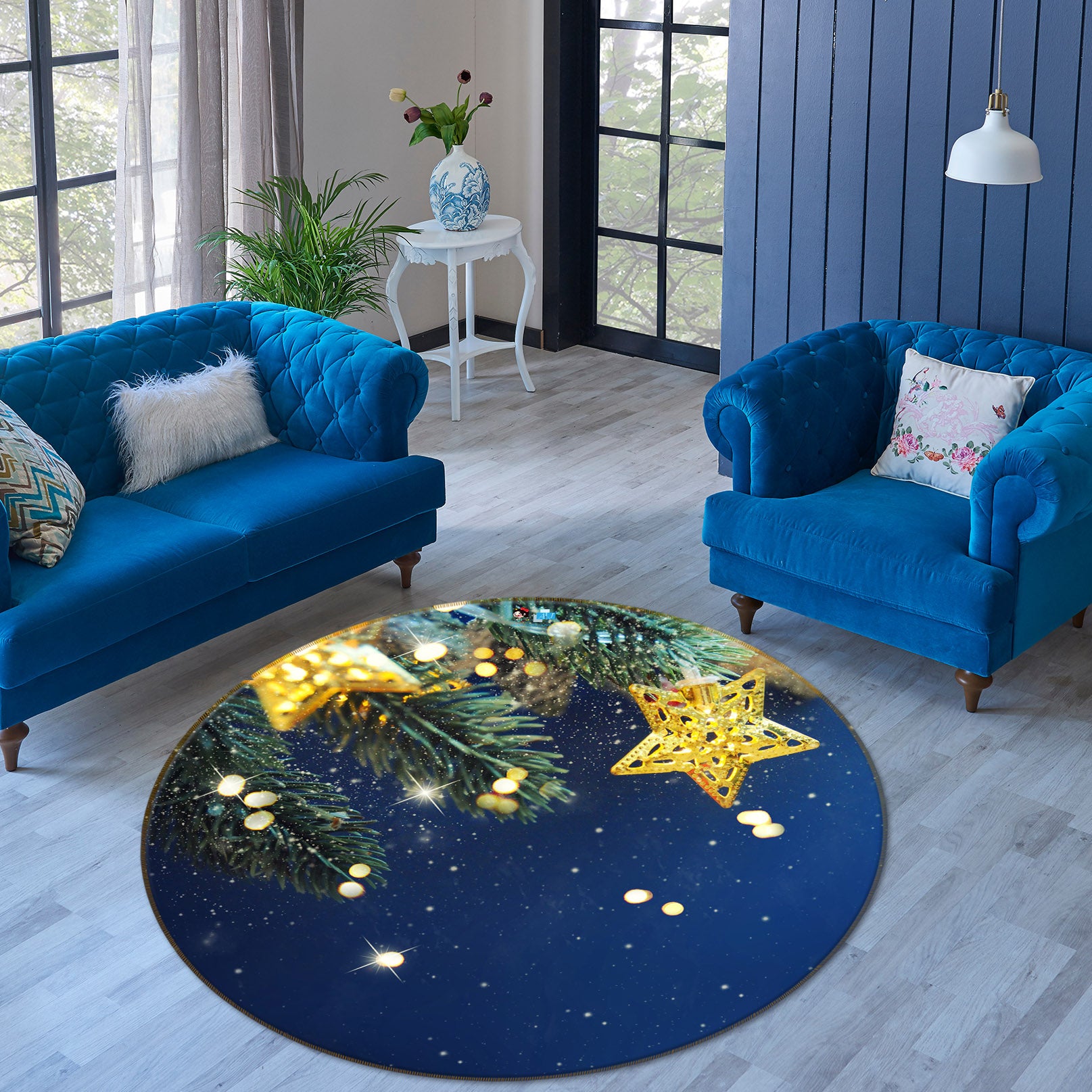 3D Five-Pointed Star Pendant 54157 Christmas Round Non Slip Rug Mat Xmas