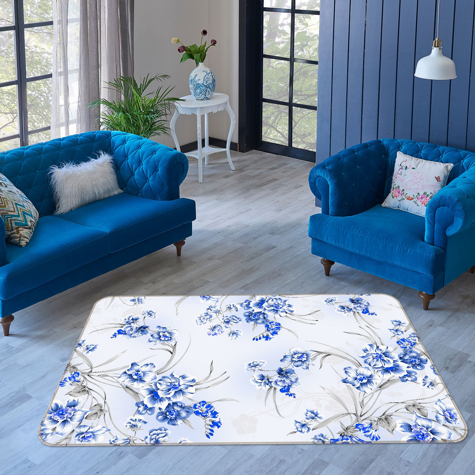 3D Blue Flowers 34038 Non Slip Rug Mat