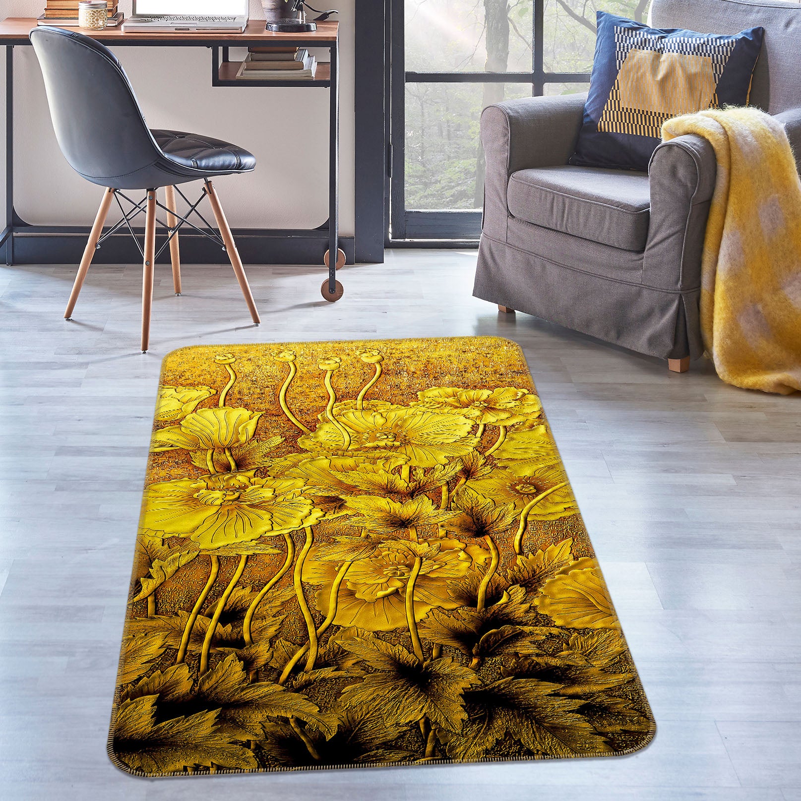 3D Golden Flower Bush 32220 Non Slip Rug Mat