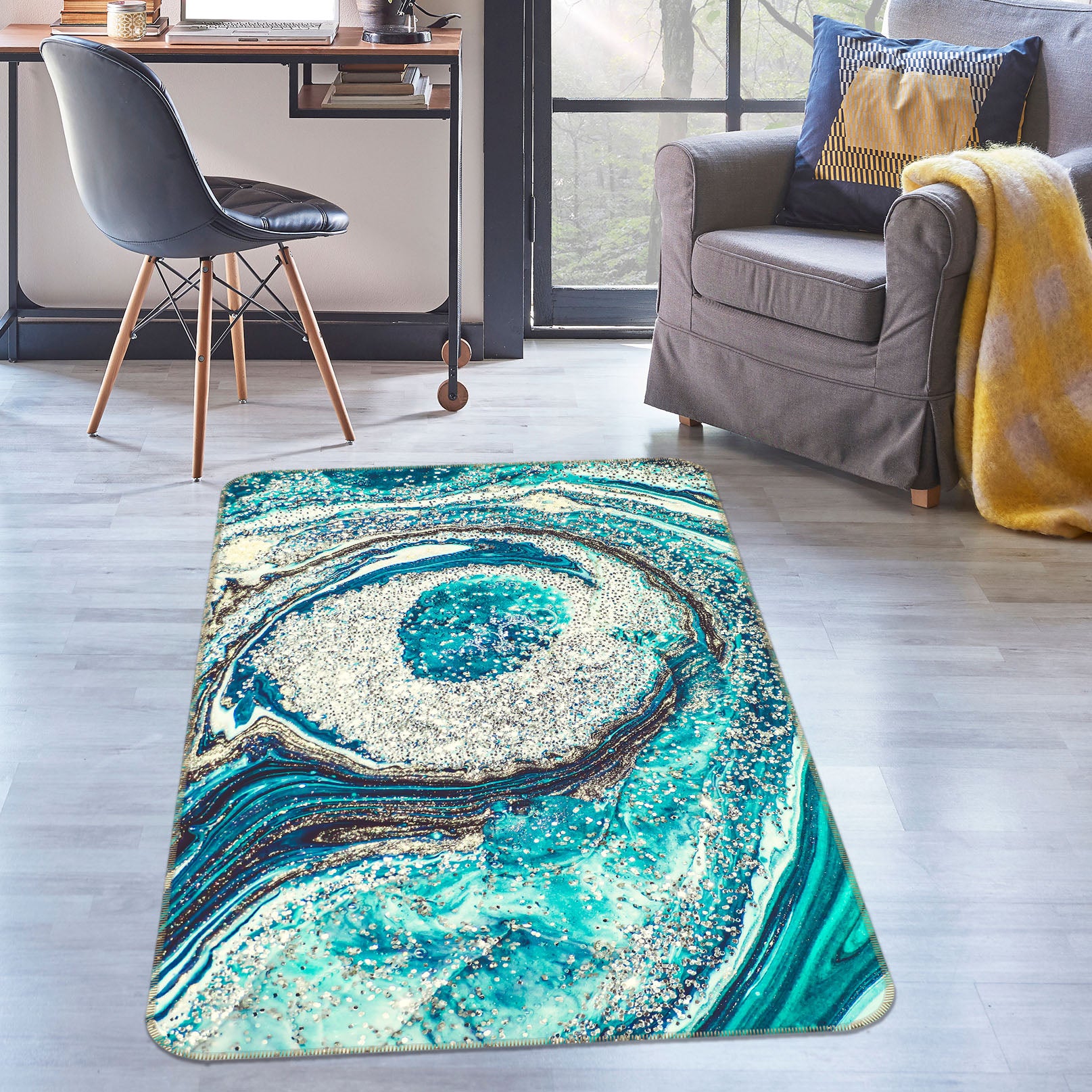 3D Blue-Green Pattern Lines 26077 Non Slip Rug Mat