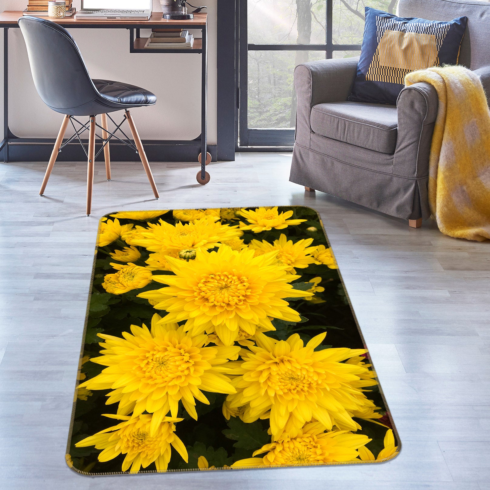 3D Yellow Chrysanthemum 26107 Non Slip Rug Mat