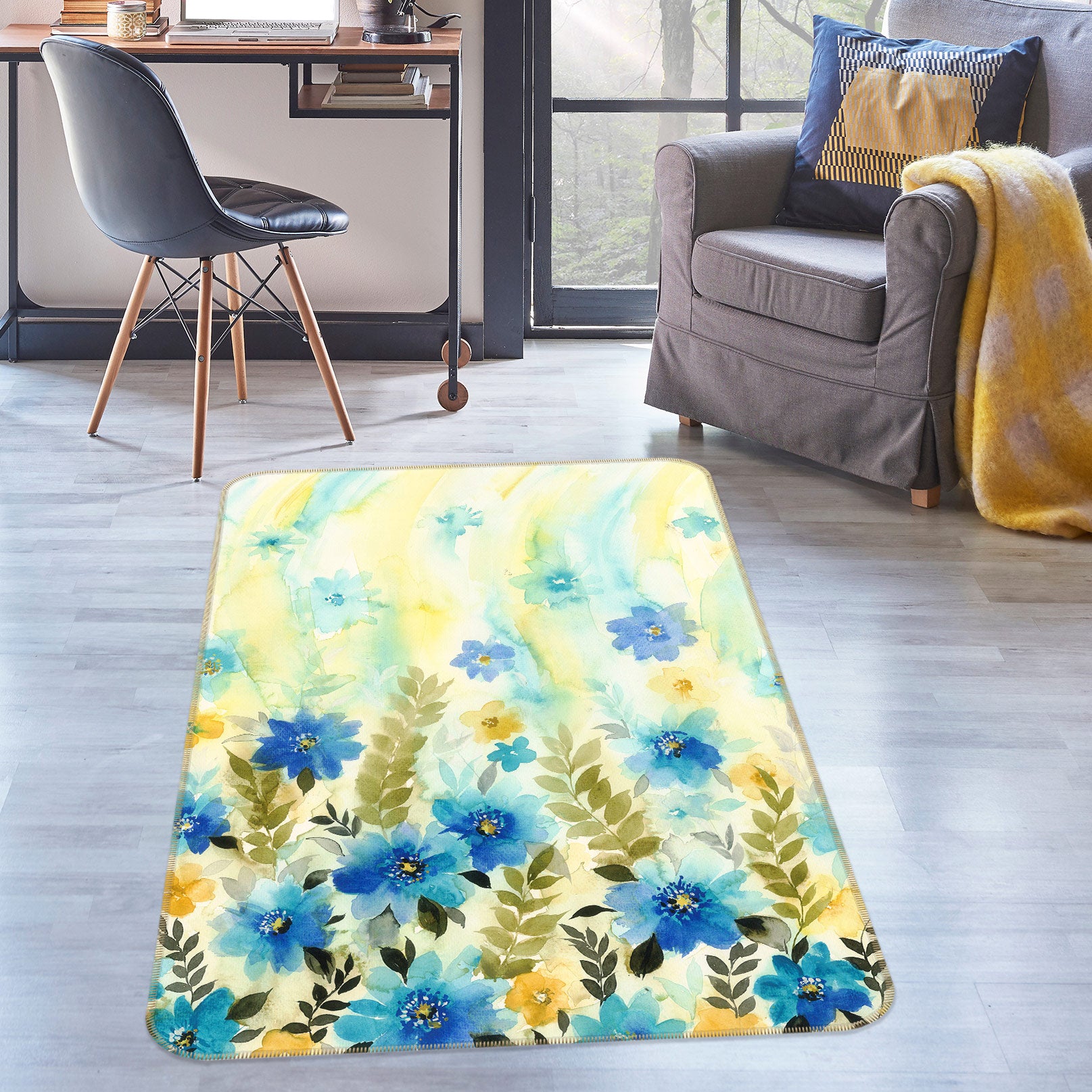 3D Blue Flowers 27007 Non Slip Rug Mat