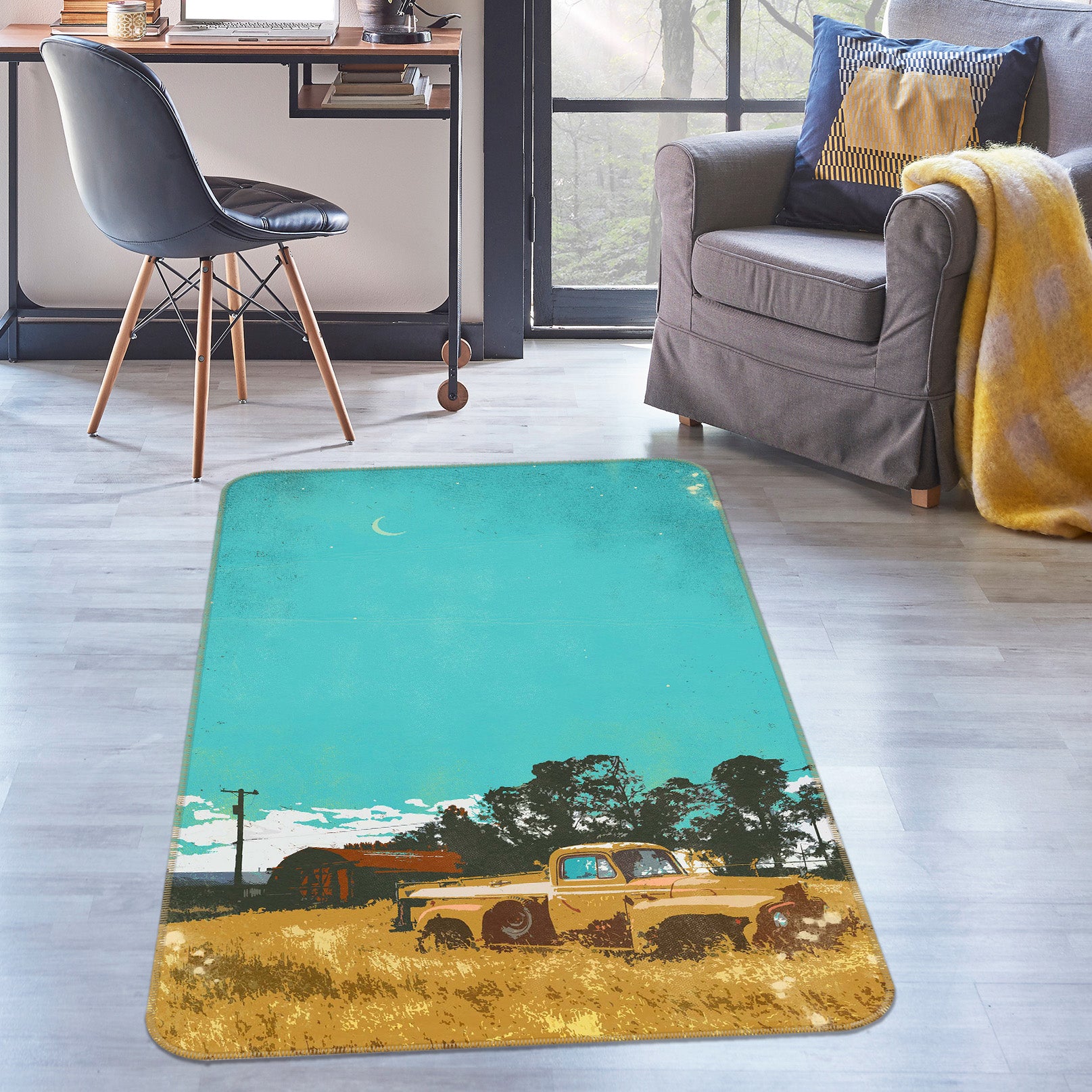 3D Grassland Trees Car 84094 Showdeer Rug Non Slip Rug Mat