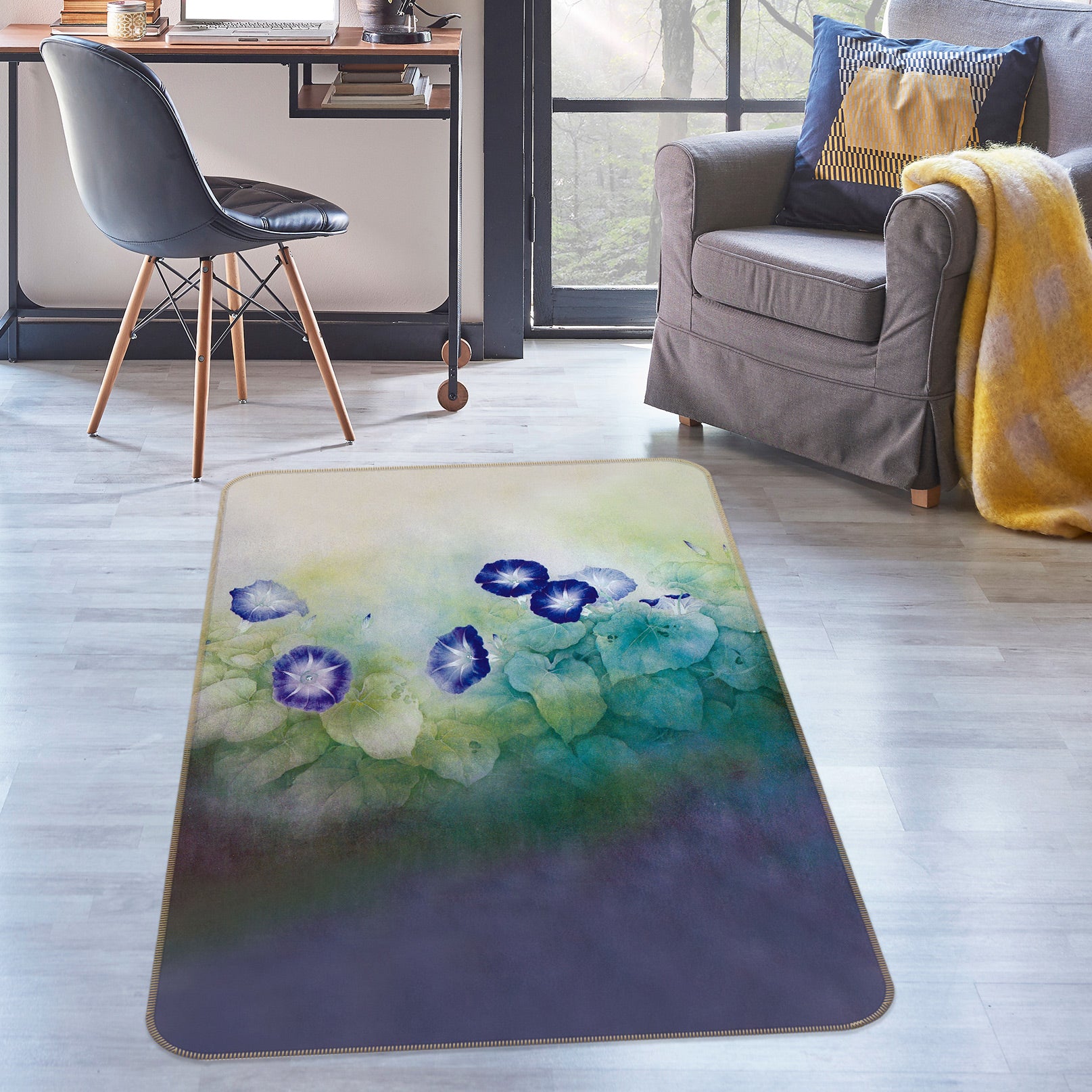 3D Blue Flower Leaves 76080 Non Slip Rug Mat