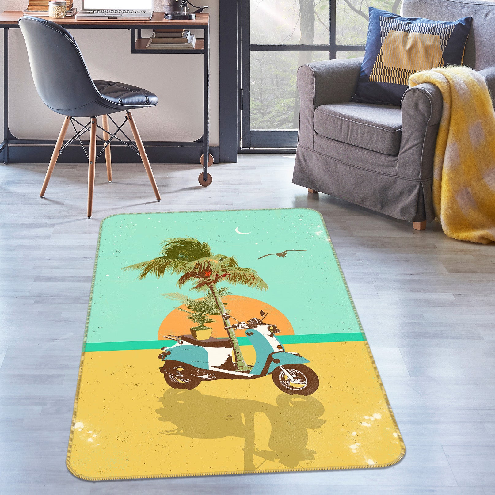 3D Coconut Tree Sunrise Motorcycle 84105 Showdeer Rug Non Slip Rug Mat
