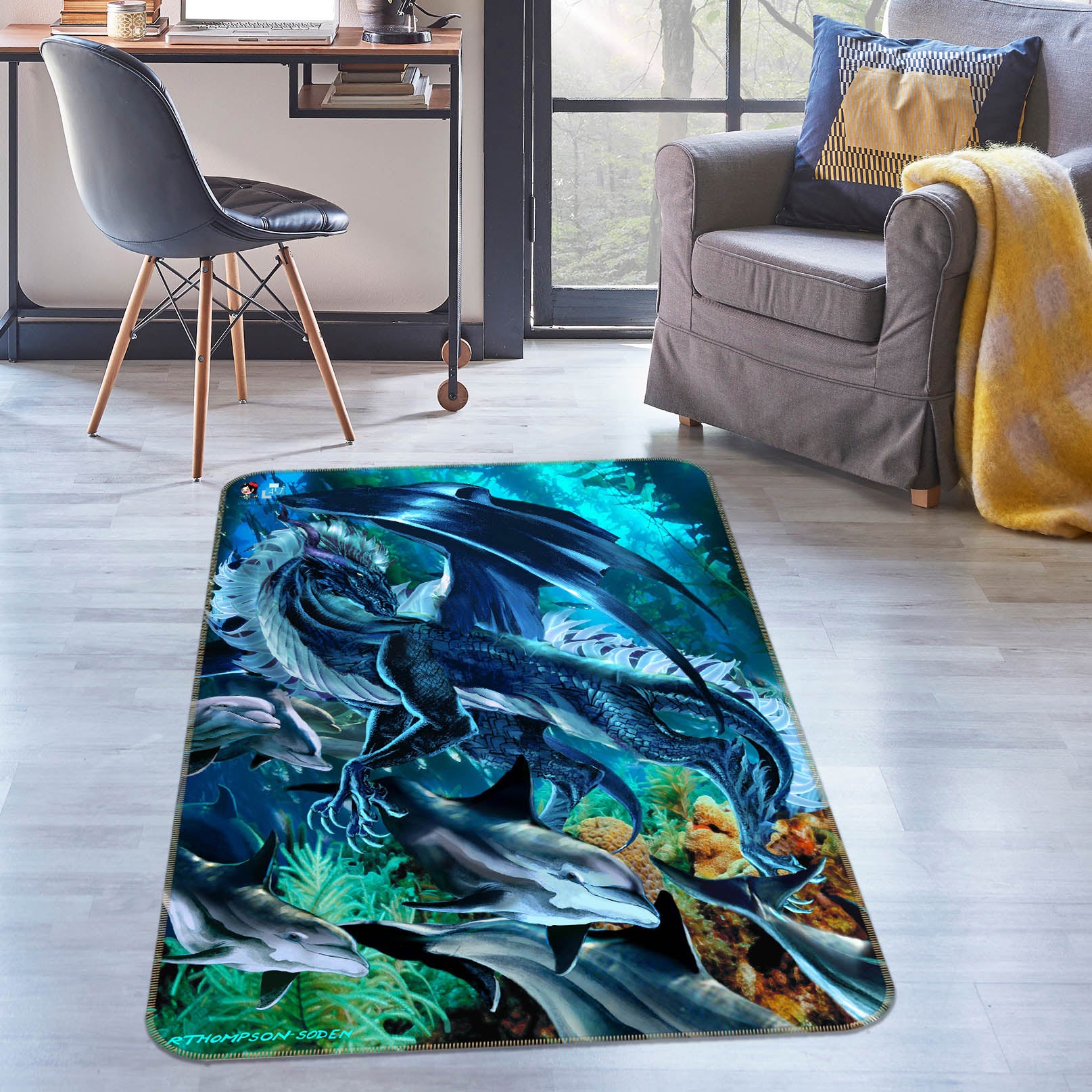3D Blue Dragon 8226 Ruth Thompson Rug Non Slip Rug Mat