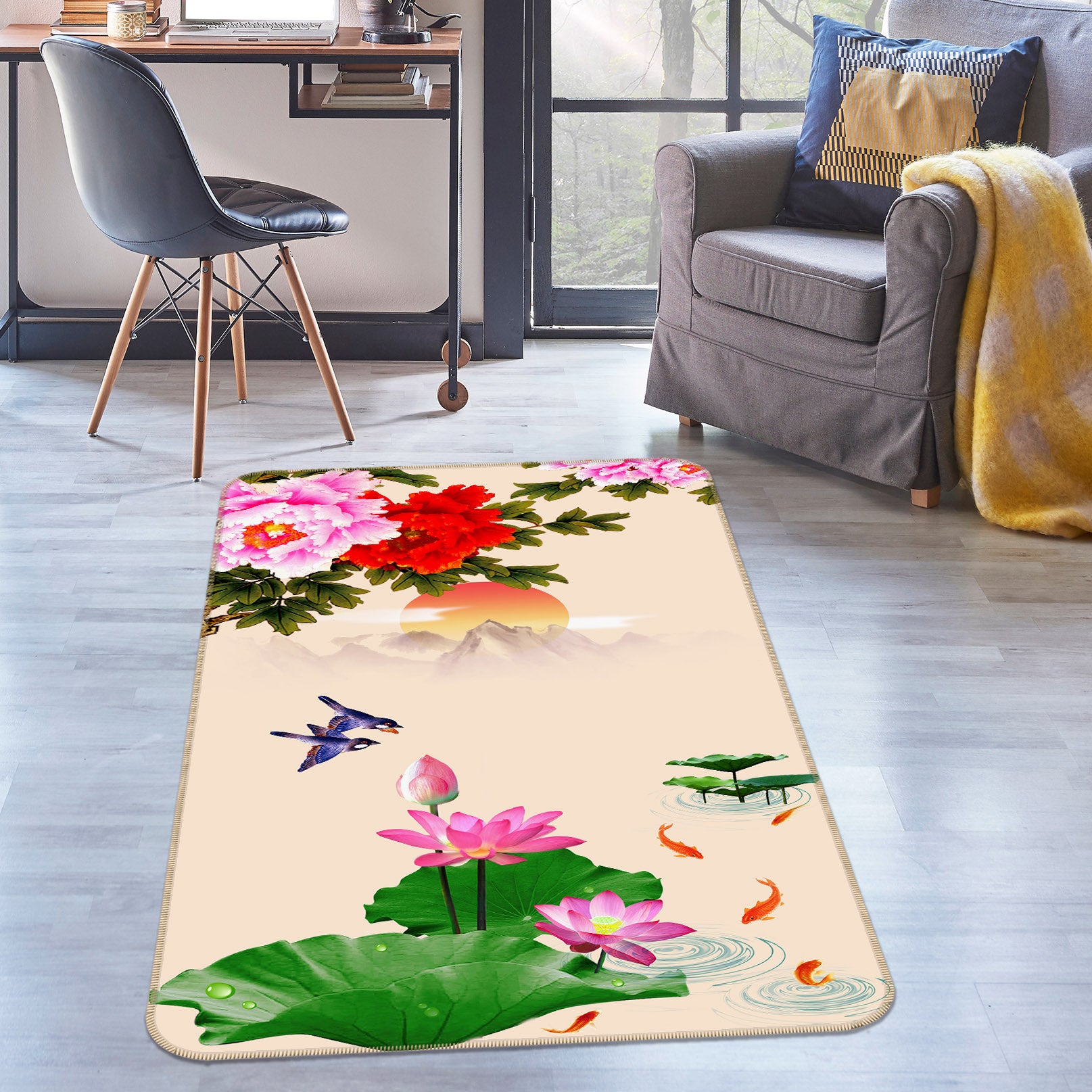 3D Lotus Fish Bird 32104 Non Slip Rug Mat