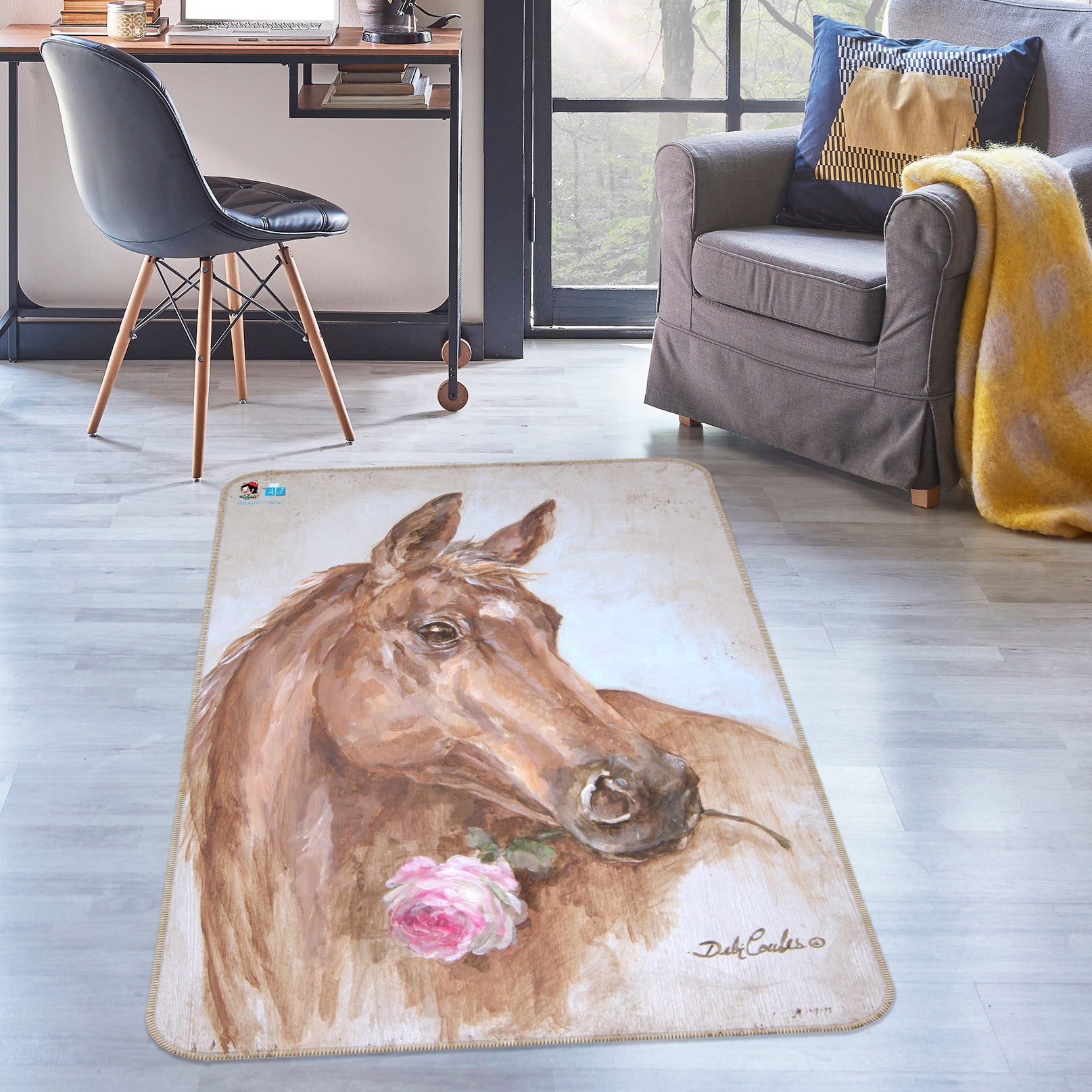3D Horse With Rose 0178 Debi Coules Rug Non Slip Rug Mat