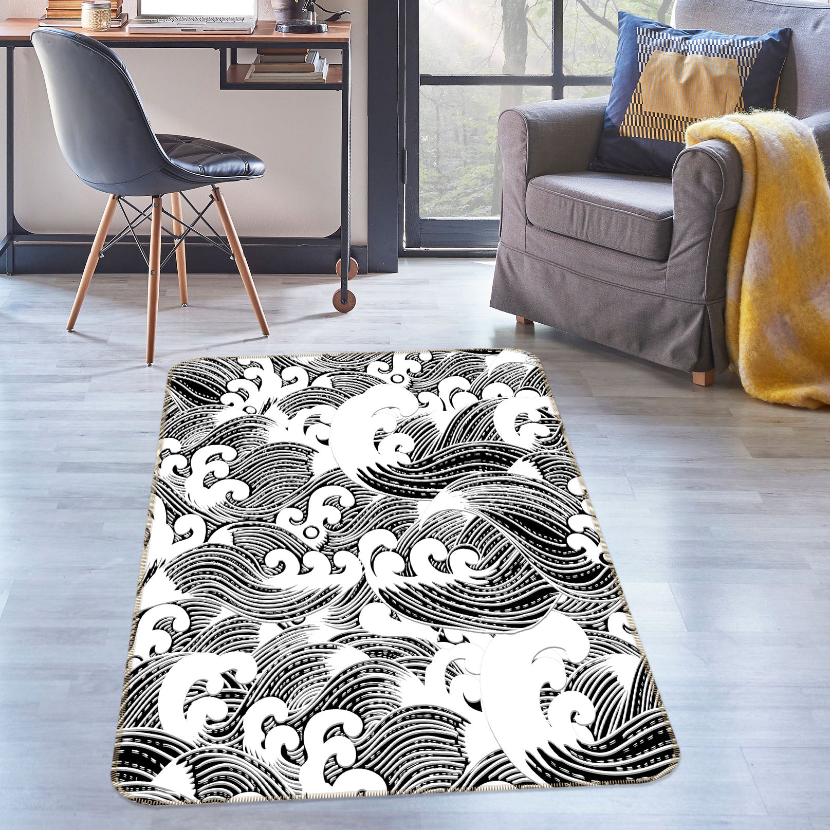 3D Black Waves 29220 Non Slip Rug Mat