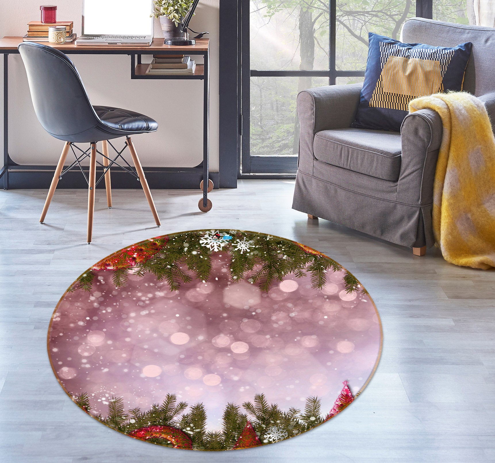 3D Branch Snowflake Light Shadow 54155 Christmas Round Non Slip Rug Mat Xmas