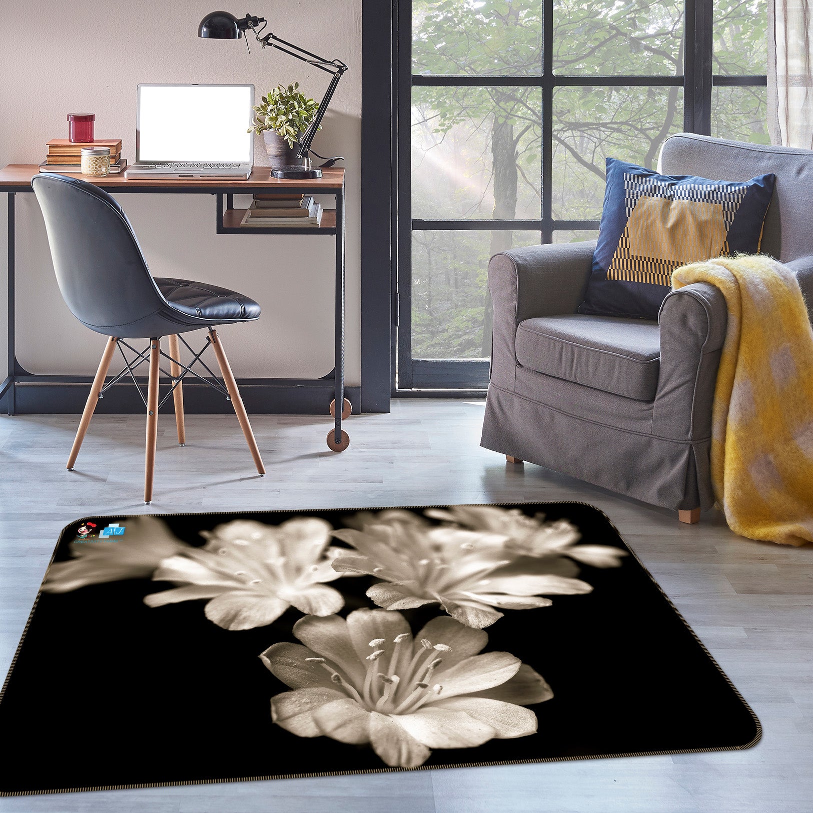 3D White Flower 6701 Assaf Frank Rug Non Slip Rug Mat