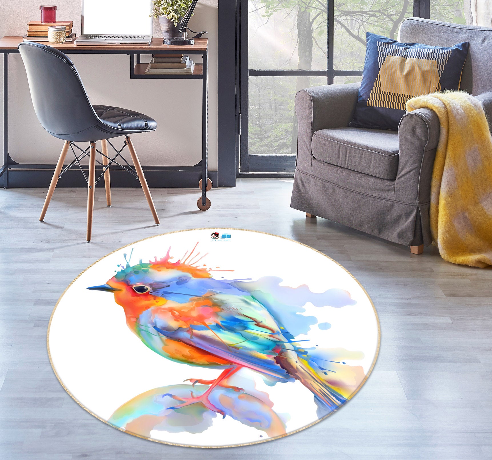 3D Watercolor Sparrow 74230 Round Non Slip Rug Mat