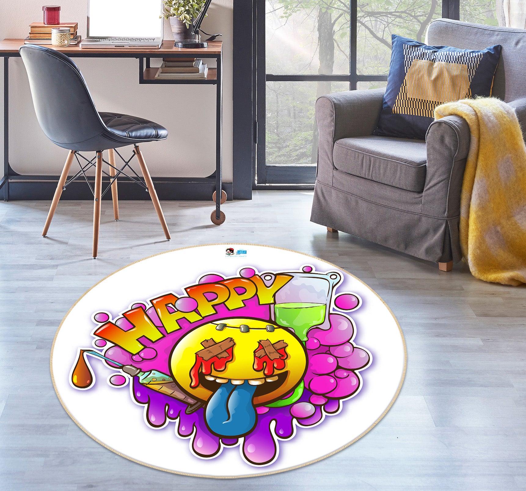 3D Happy Emoji 74262 Round Non Slip Rug Mat