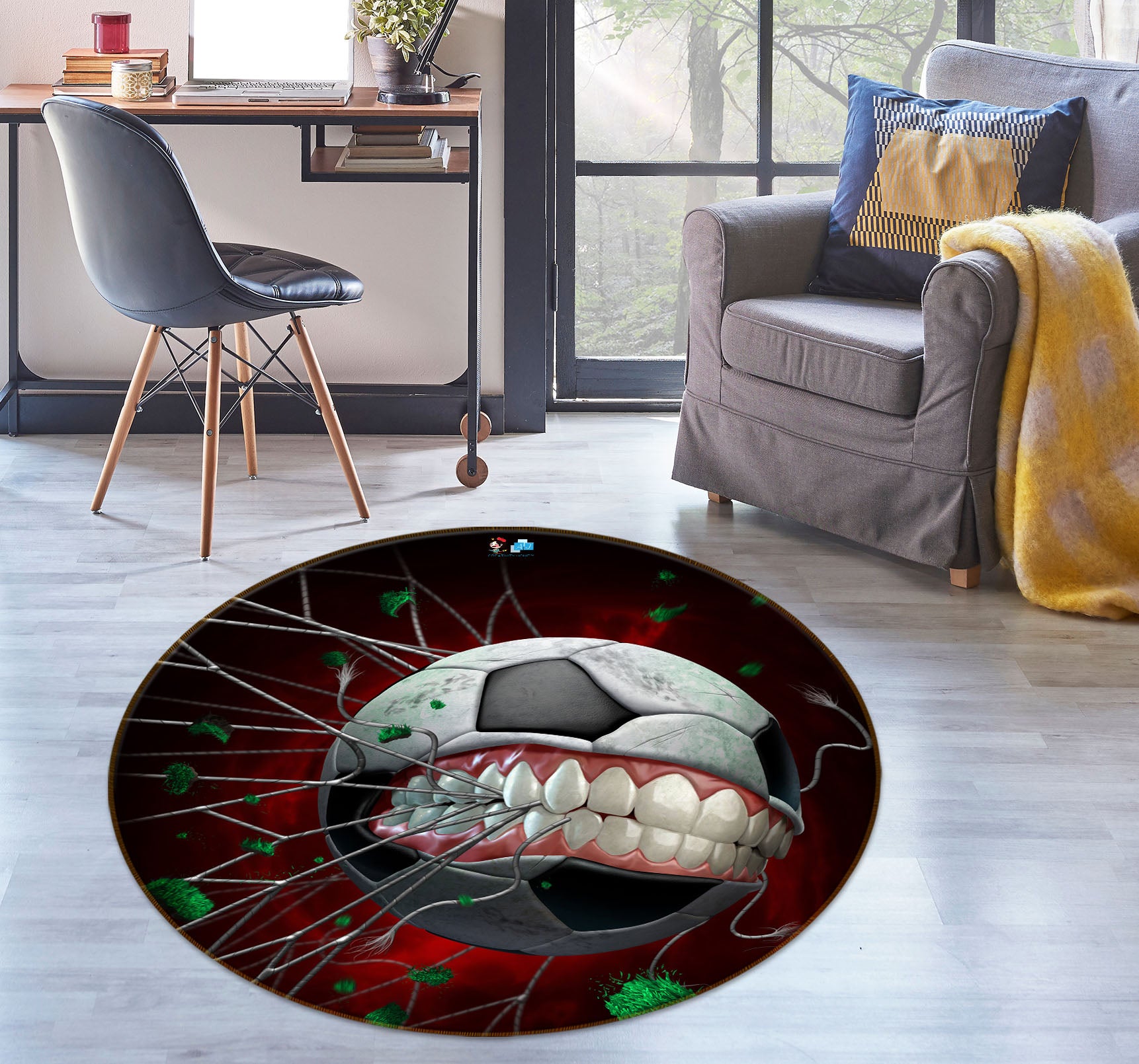 3D Teeth Football 4154 Tom Wood Rug Round Non Slip Rug Mat