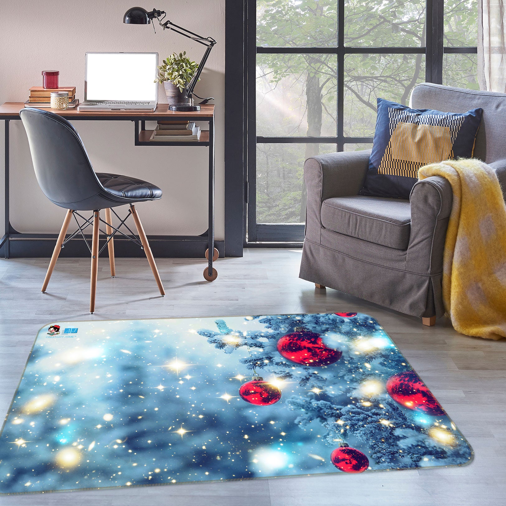 3D Snow Tree Red Ball 54258 Christmas Non Slip Rug Mat Xmas