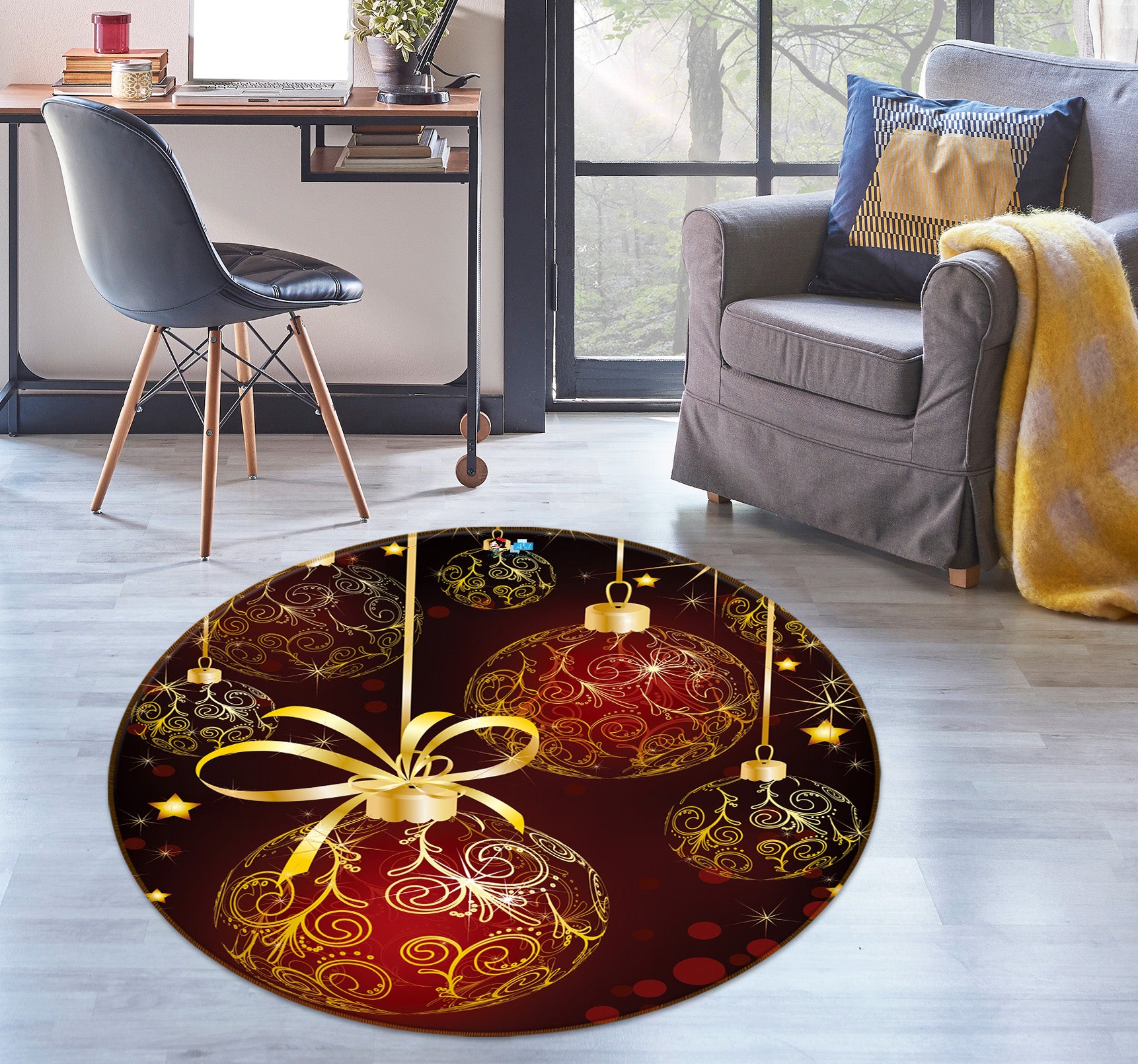 3D Golden Ball 54118 Christmas Round Non Slip Rug Mat Xmas