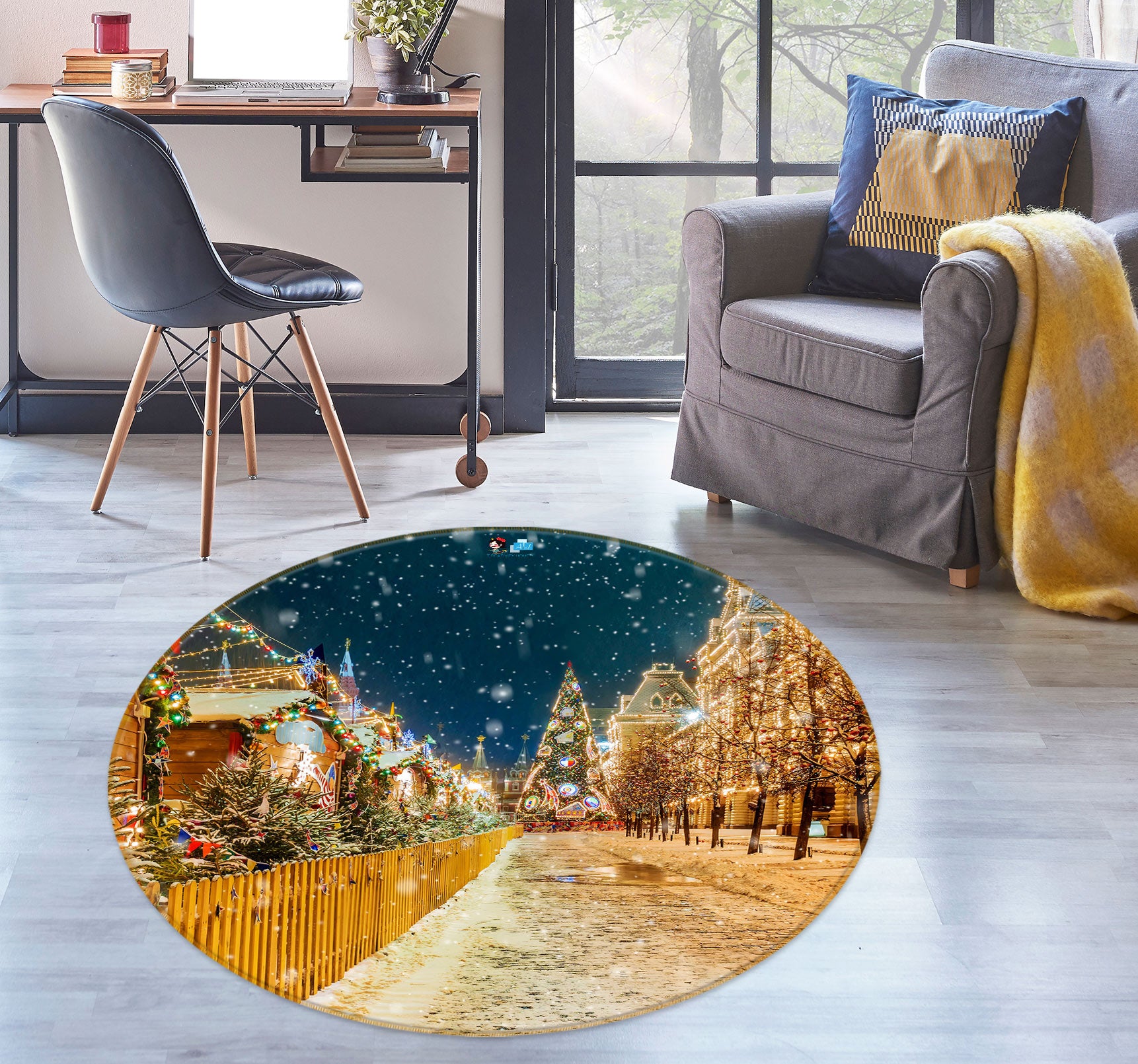 3D Street Snow Tree 54055 Christmas Round Non Slip Rug Mat Xmas