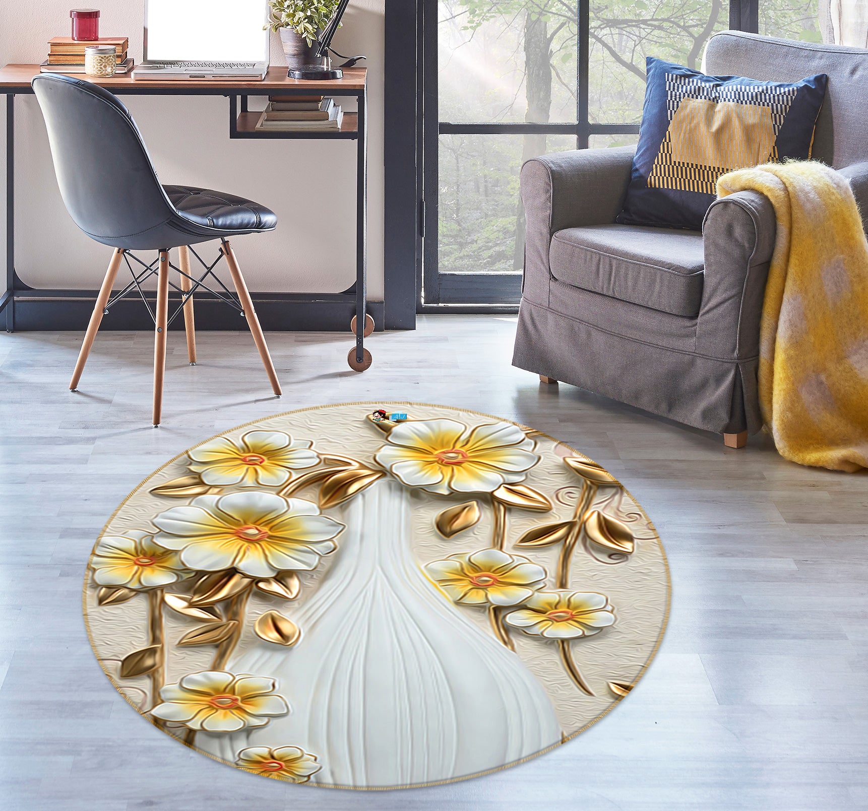 3D Embossed Flower Vase 72215 Round Non Slip Rug Mat