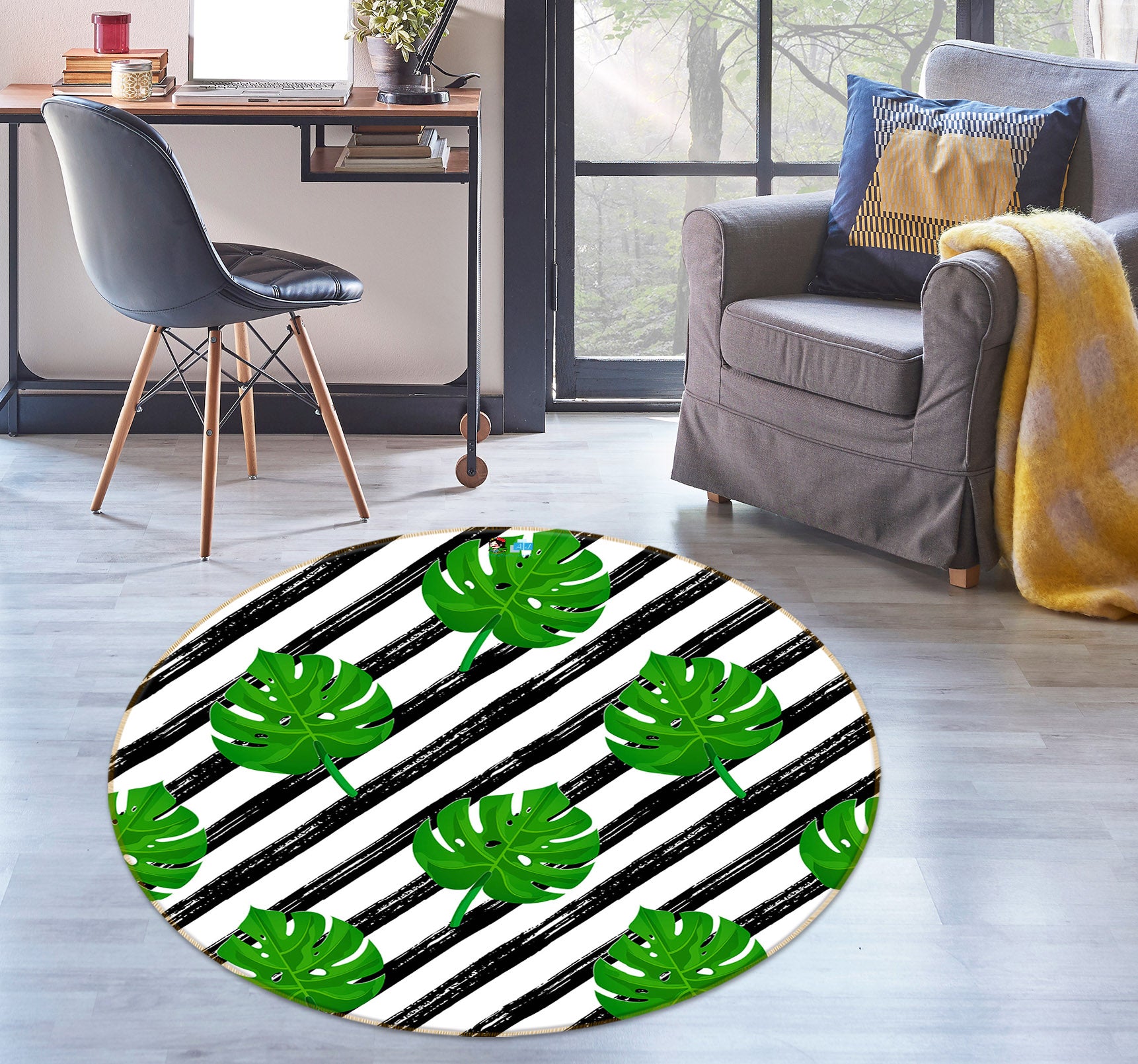 3D Leaf Pattern 75093 Round Non Slip Rug Mat