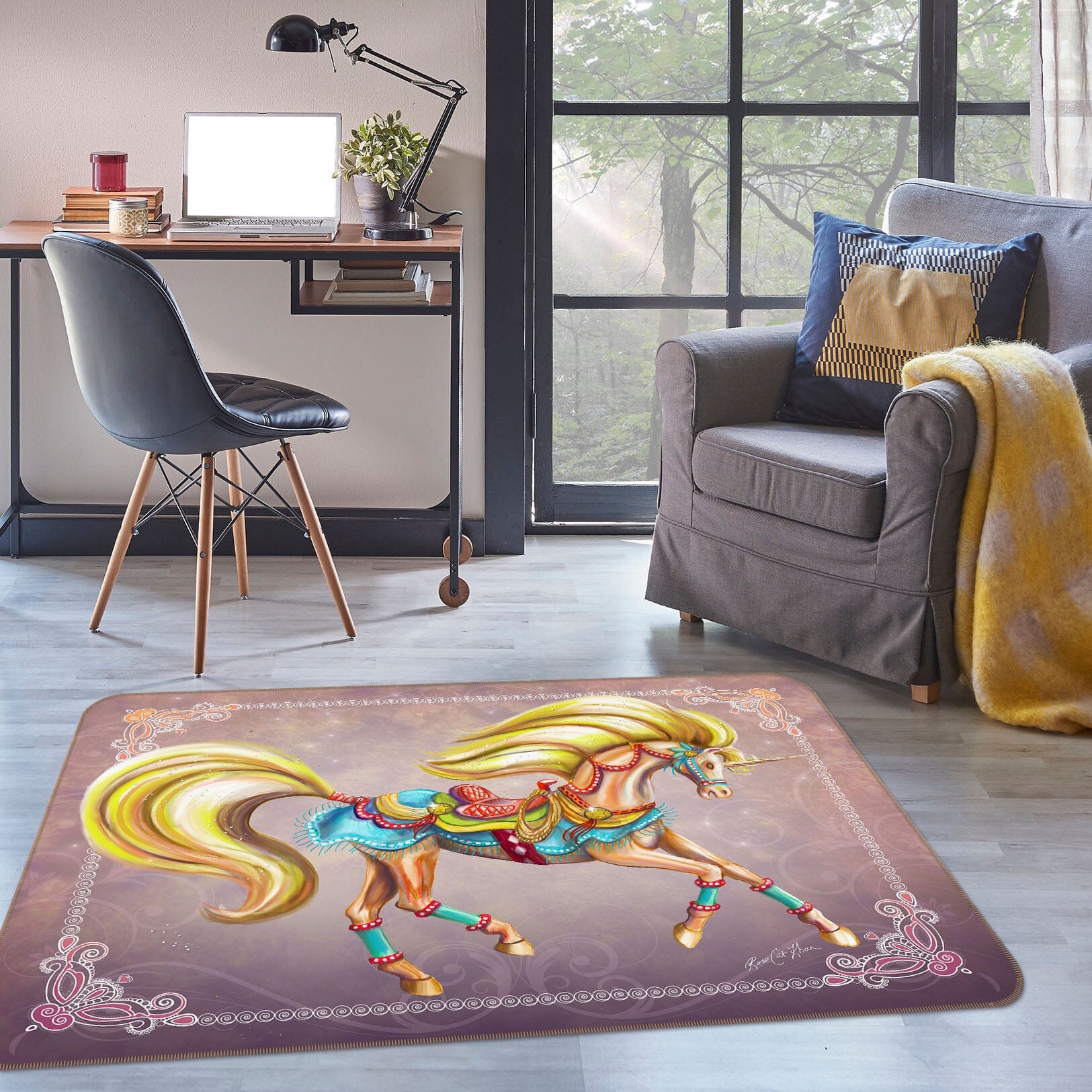 3D Golden Unicorn 3025 Rose Catherine Khan Rug Non Slip Rug Matt Mat AJ Creativity Home 