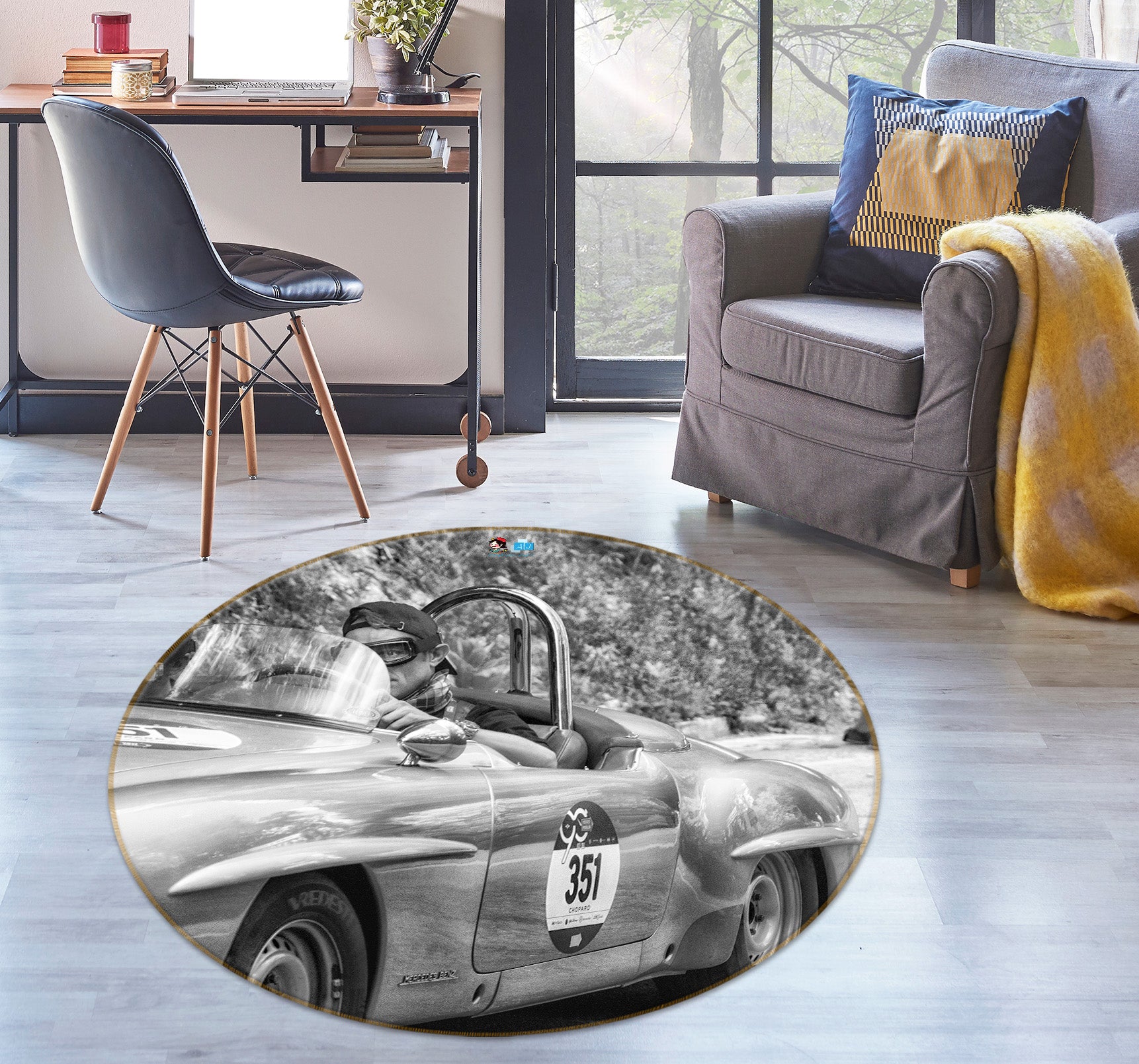 3D Black White Sports Car 74192 Round Non Slip Rug Mat