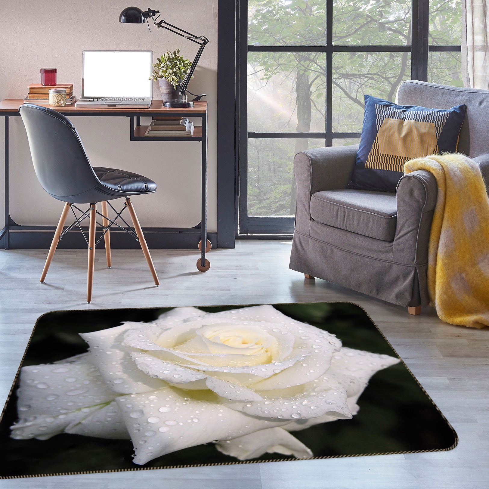 3D White Flowers 75249 Non Slip Rug Mat