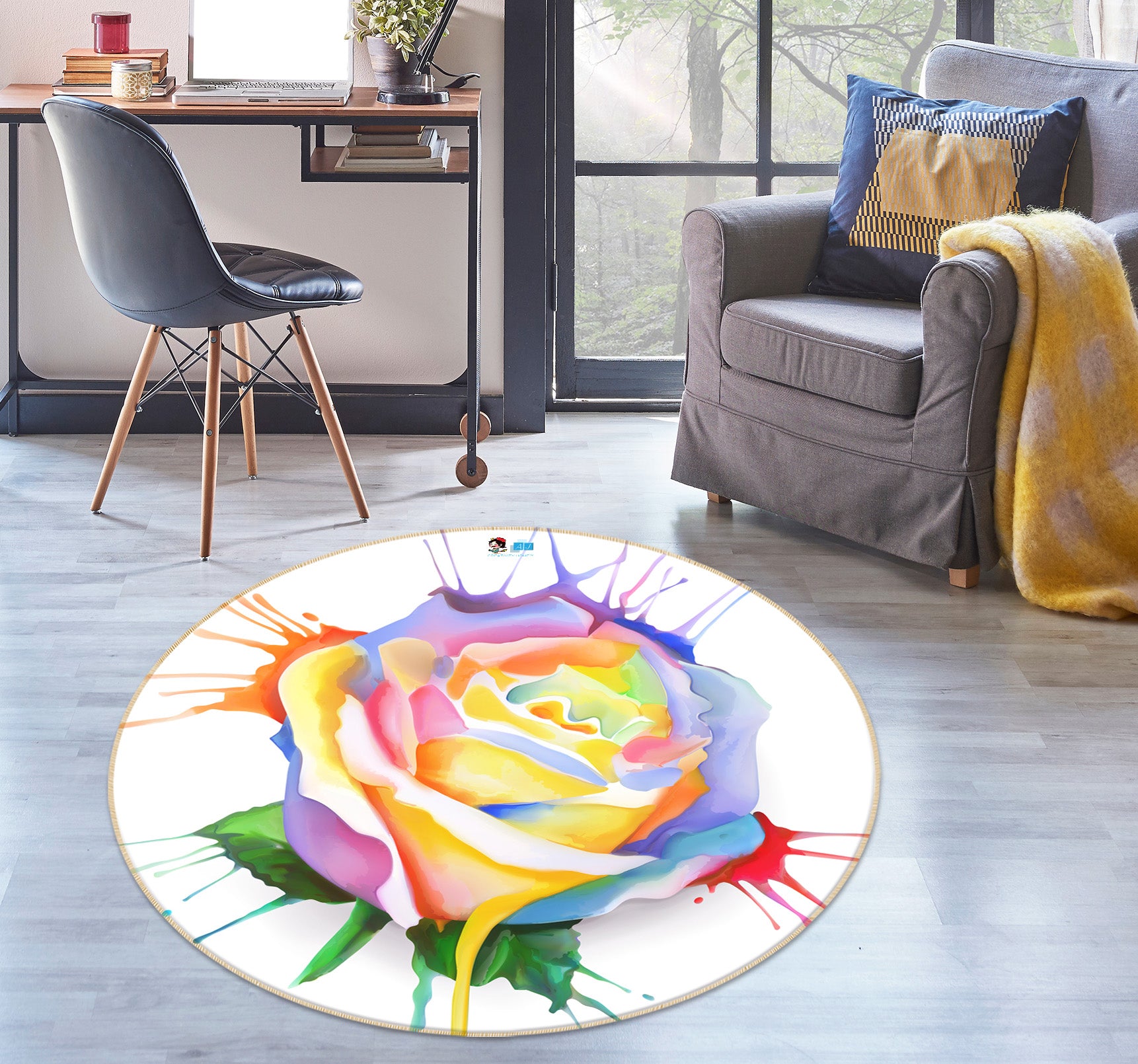 3D Colored Roses 74220 Round Non Slip Rug Mat