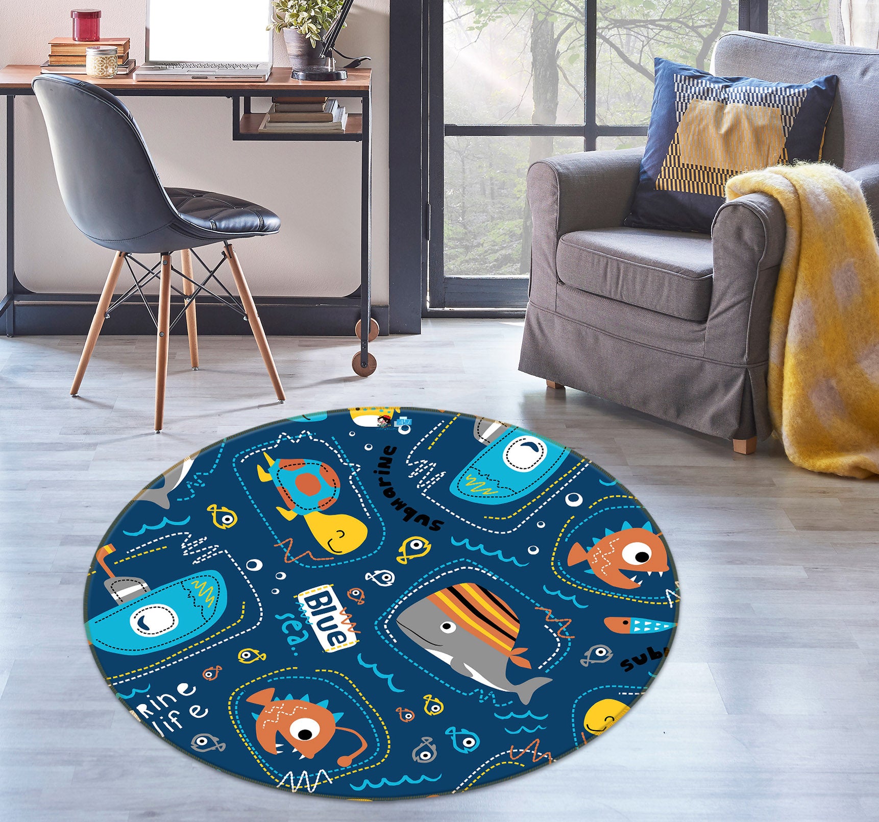 3D Submarine Fish Turtle 75086 Round Non Slip Rug Mat