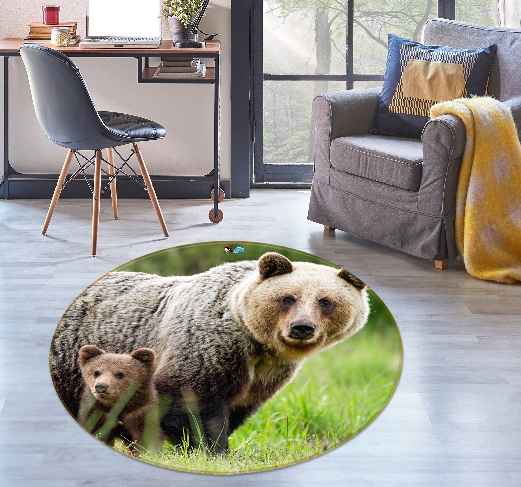 3D Brown Bear 75034 Round Non Slip Rug Mat