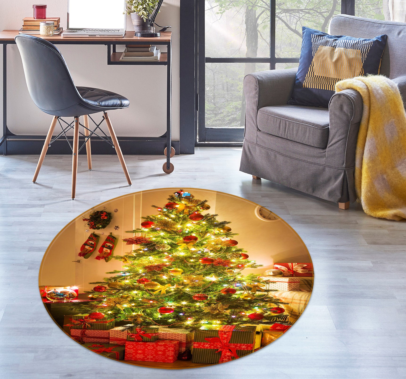 3D Tree Gift 54147 Christmas Round Non Slip Rug Mat Xmas