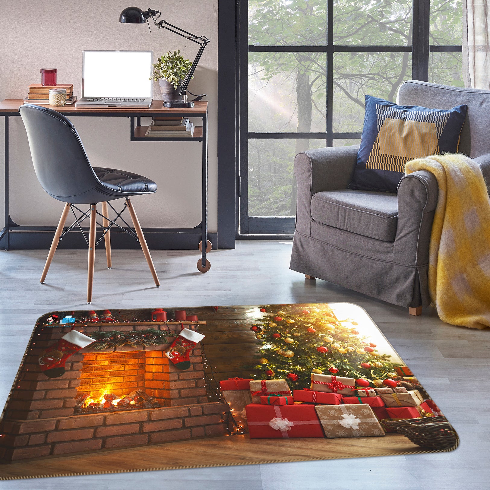 3D Fireplace Gift 55089 Christmas Non Slip Rug Mat Xmas